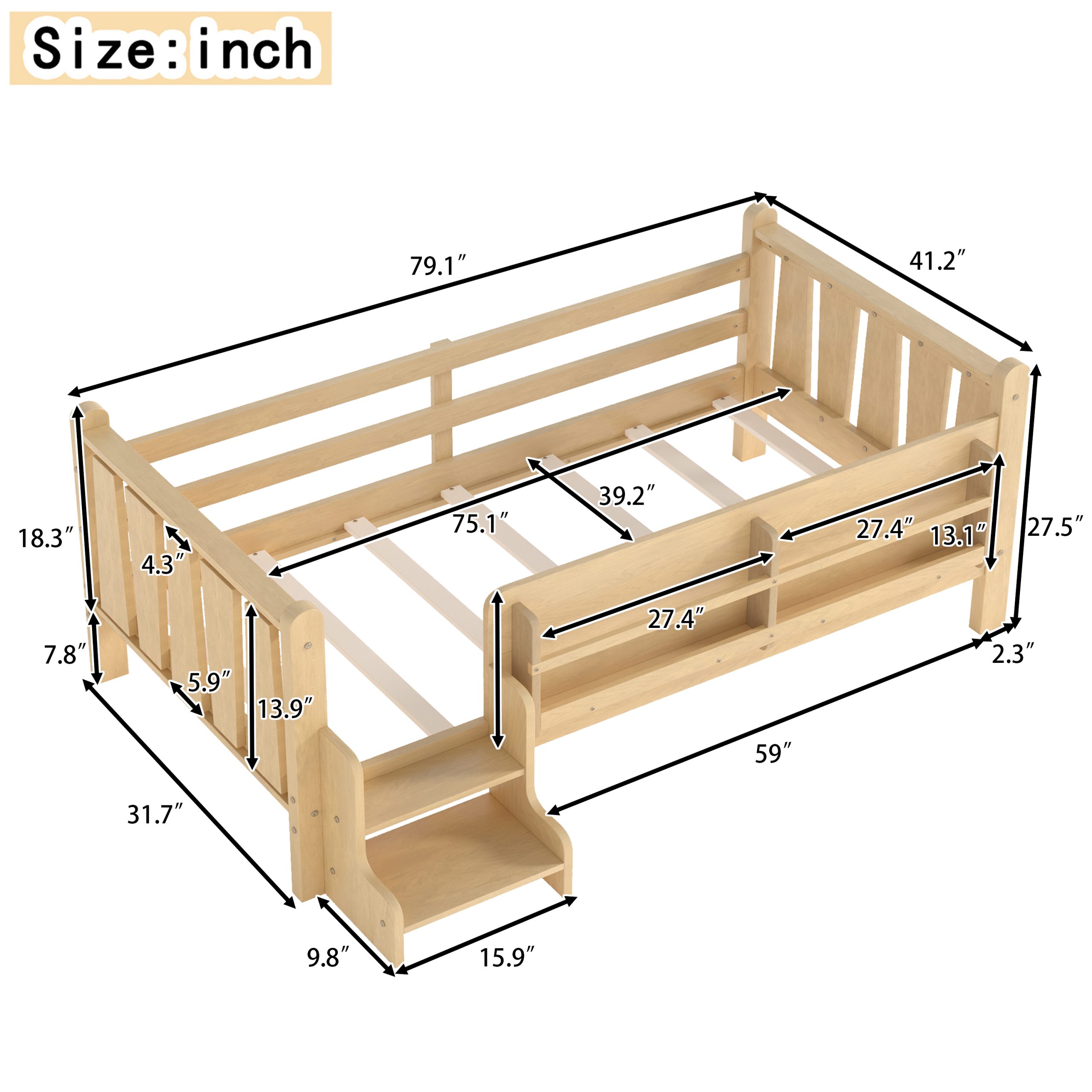 Twin Size Floor Bed with Storage Bookcases, Solid Wood Kids Floor Bed with Cute Stairs and Guardrails, No Box Spring Needed, Light Natural - Image 4