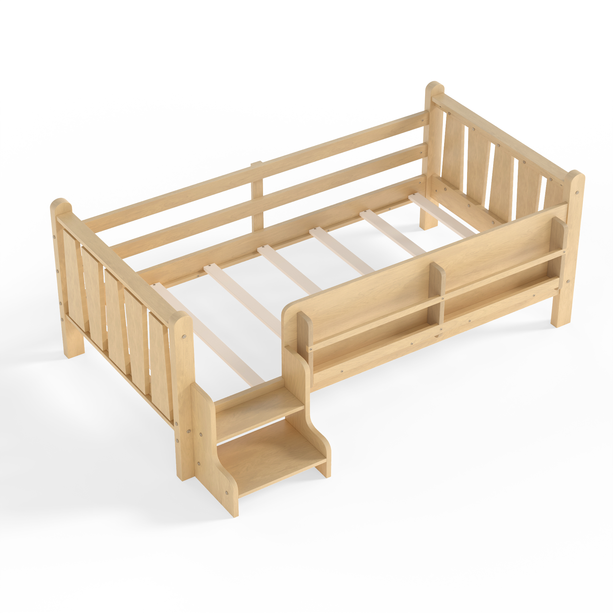 Twin Size Floor Bed with Storage Bookcases, Solid Wood Kids Floor Bed with Cute Stairs and Guardrails, No Box Spring Needed, Light Natural - Image 5