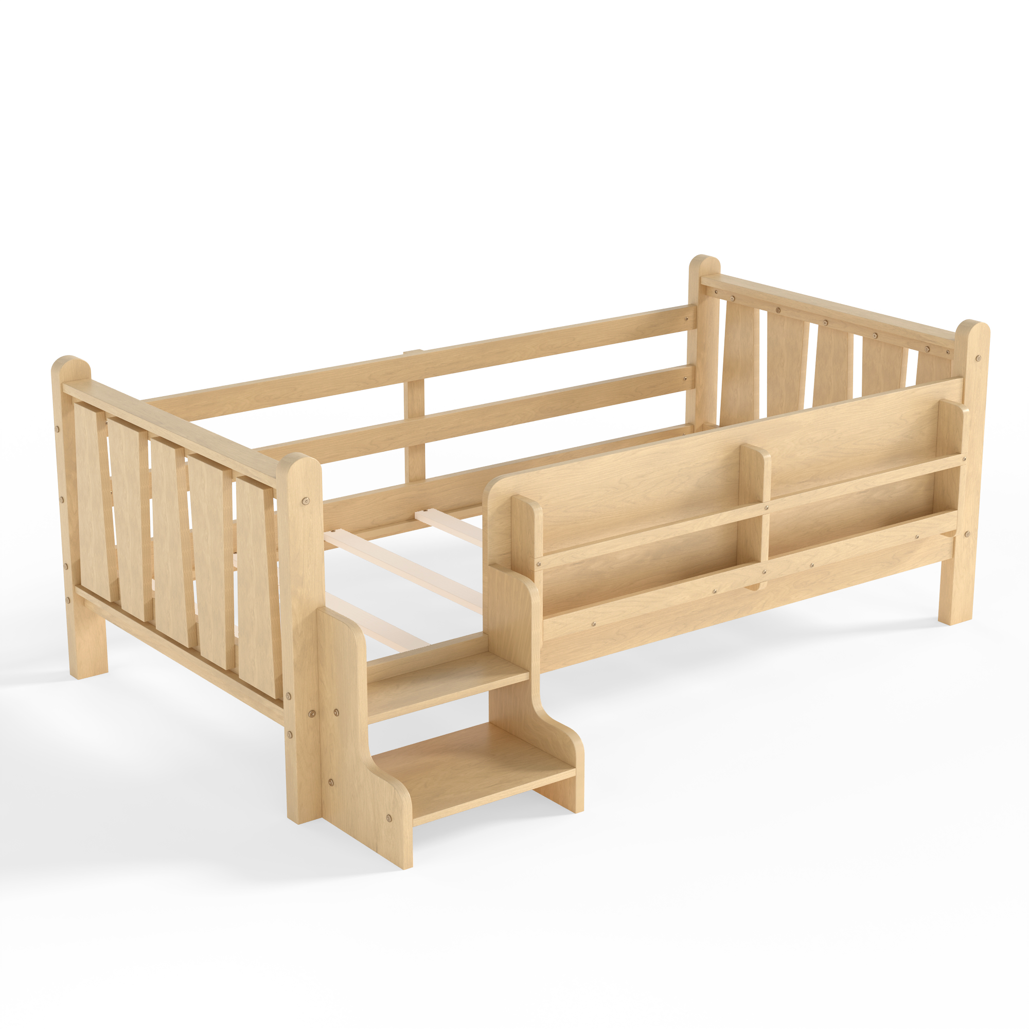Twin Size Floor Bed with Storage Bookcases, Solid Wood Kids Floor Bed with Cute Stairs and Guardrails, No Box Spring Needed, Light Natural - Image 6