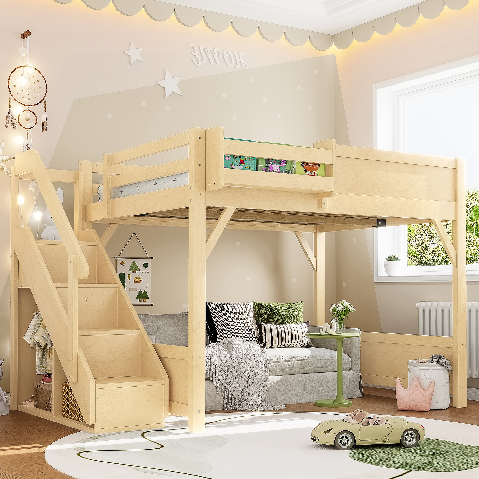 Full Size Loft Bed with Built-in Wardrobe and Storage Space, Solid Wood Loft Bed with Beside Shelves, Full-length Guardrails and Stairs, No Box Spring Needed, Natural