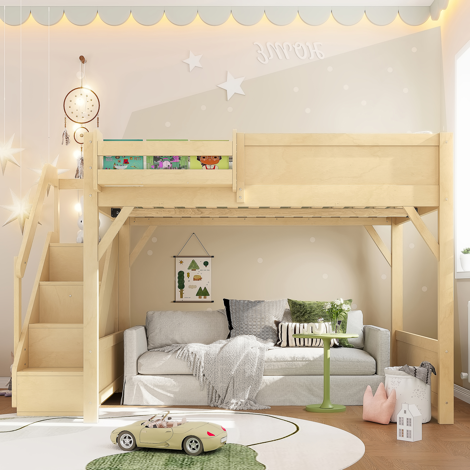 Full Size Loft Bed with Built-in Wardrobe and Storage Space, Solid Wood Loft Bed with Beside Shelves, Full-length Guardrails and Stairs, No Box Spring Needed, Natural - Image 2