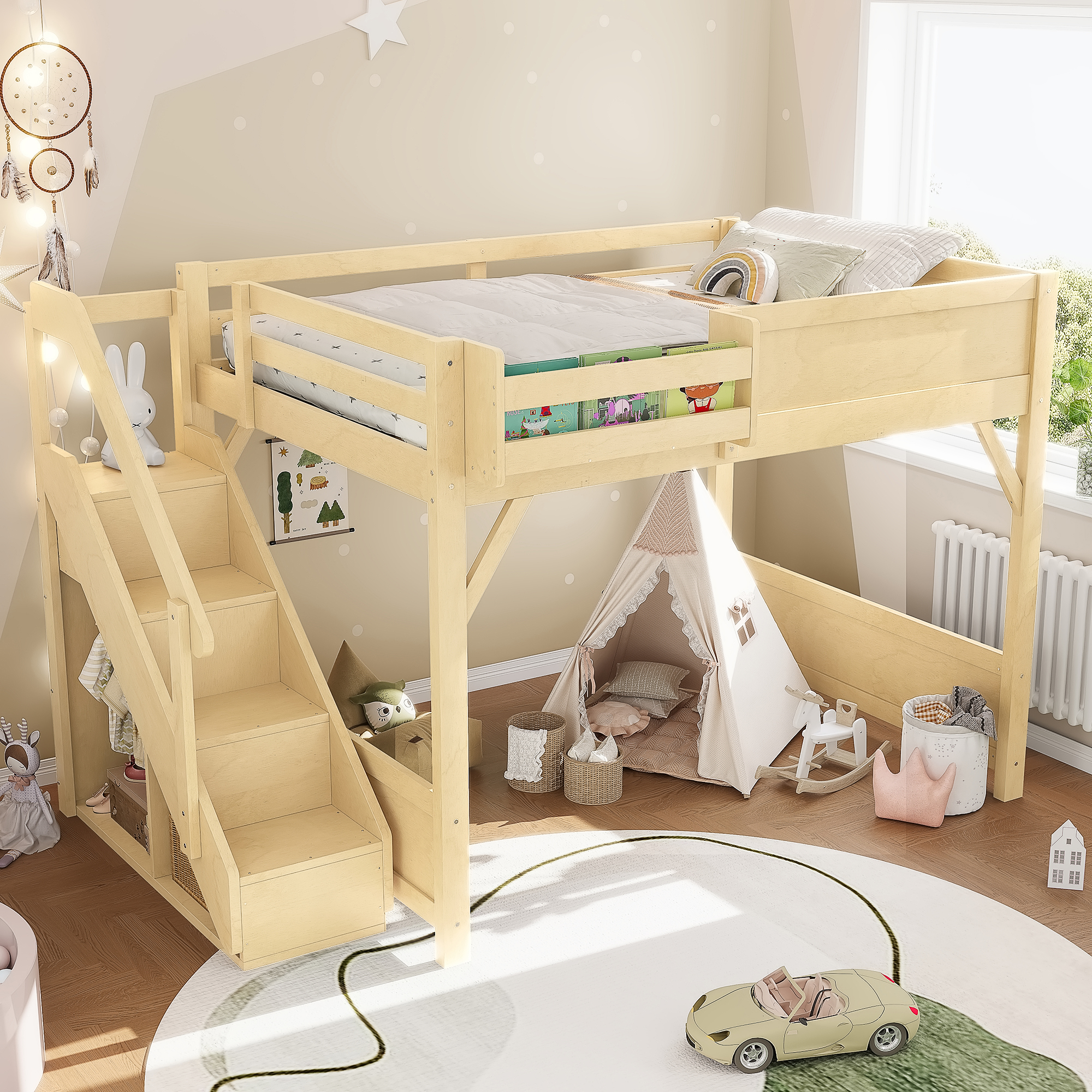 Full Size Loft Bed with Built-in Wardrobe and Storage Space, Solid Wood Loft Bed with Beside Shelves, Full-length Guardrails and Stairs, No Box Spring Needed, Natural - Image 3