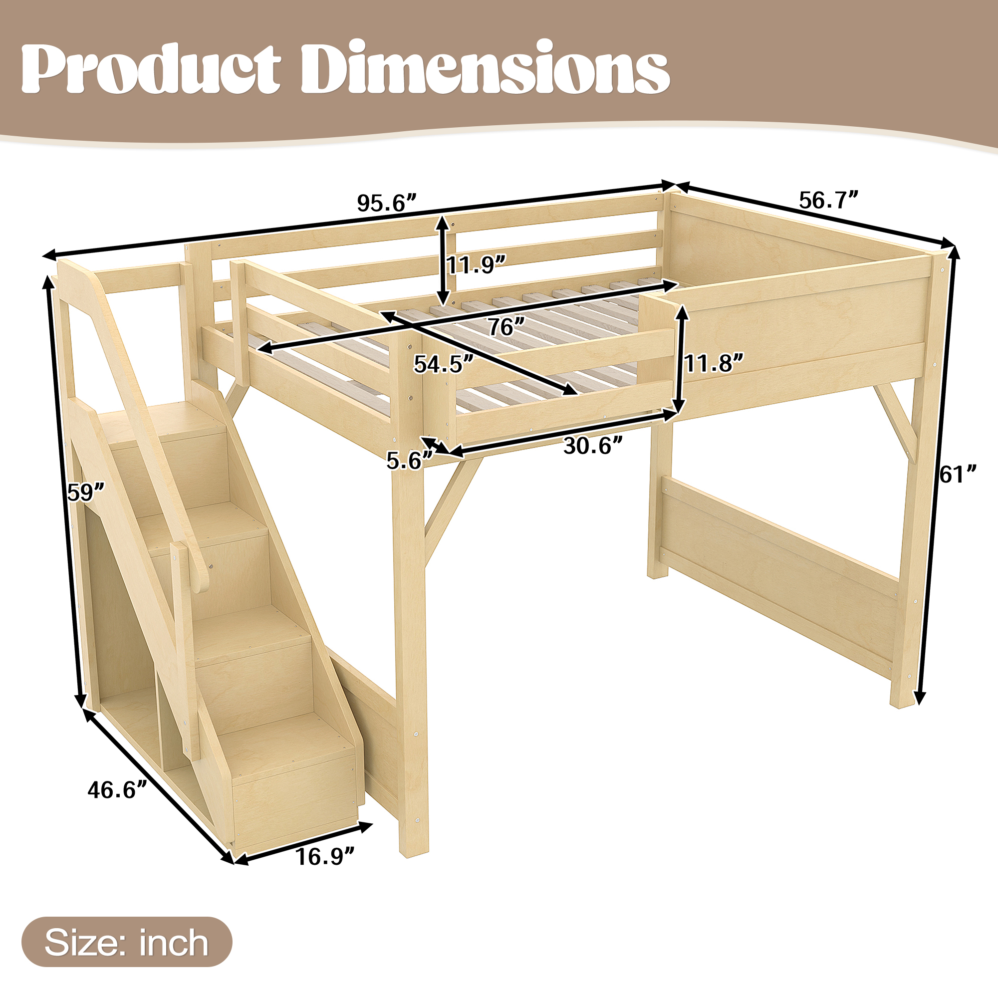 Full Size Loft Bed with Built-in Wardrobe and Storage Space, Solid Wood Loft Bed with Beside Shelves, Full-length Guardrails and Stairs, No Box Spring Needed, Natural - Image 4