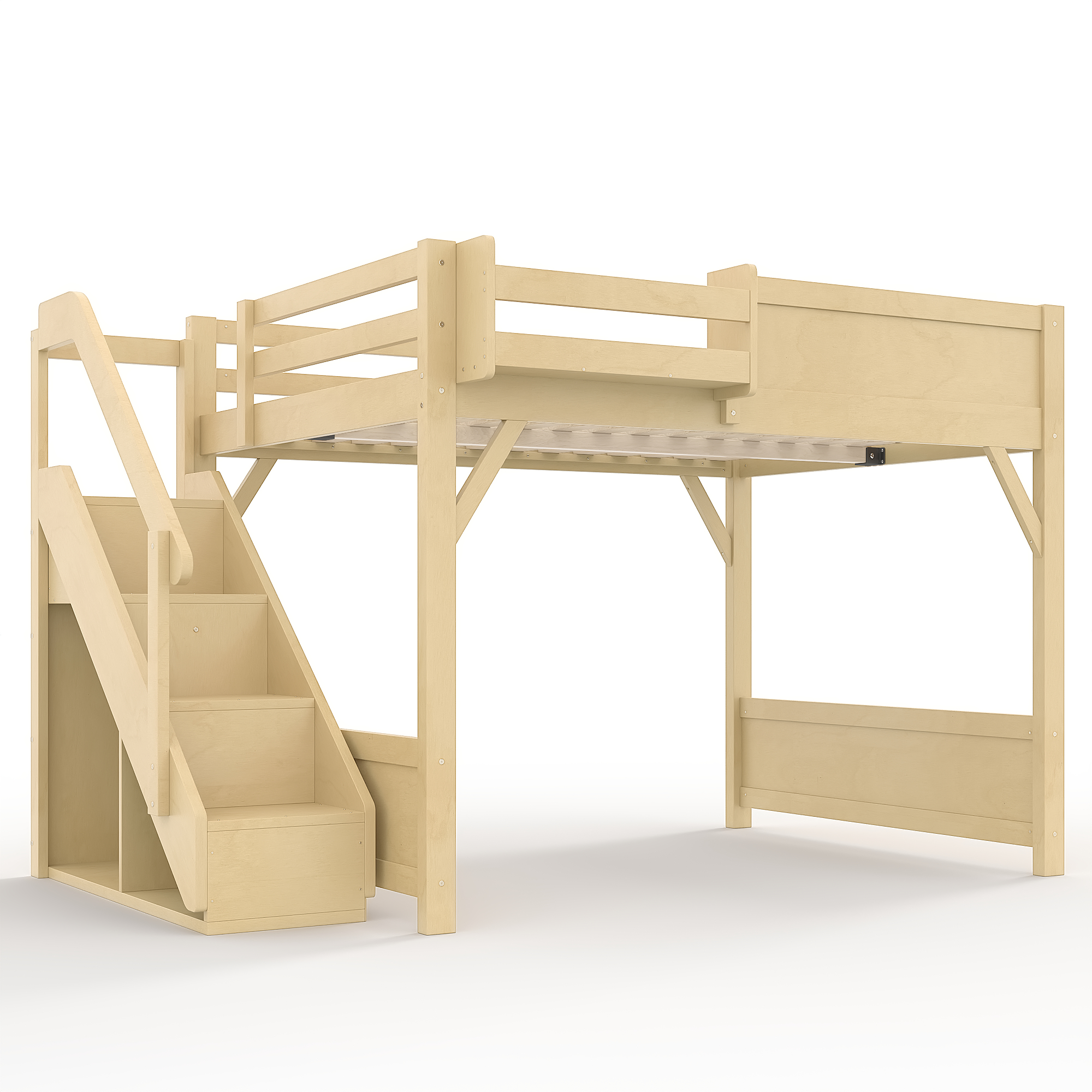 Full Size Loft Bed with Built-in Wardrobe and Storage Space, Solid Wood Loft Bed with Beside Shelves, Full-length Guardrails and Stairs, No Box Spring Needed, Natural - Image 6