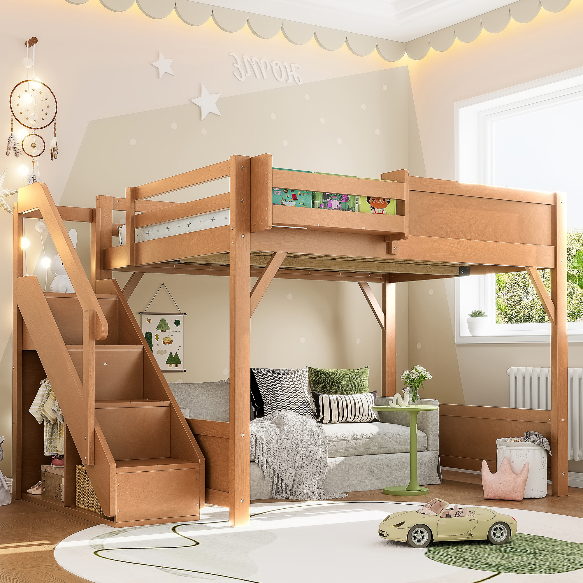 Full Size Loft Bed with Built-in Wardrobe and Storage Space, Solid Wood Loft Bed with Beside Shelves, Full-length Guardrails and Stairs, No Box Spring Needed,Deep Natural - Image 1