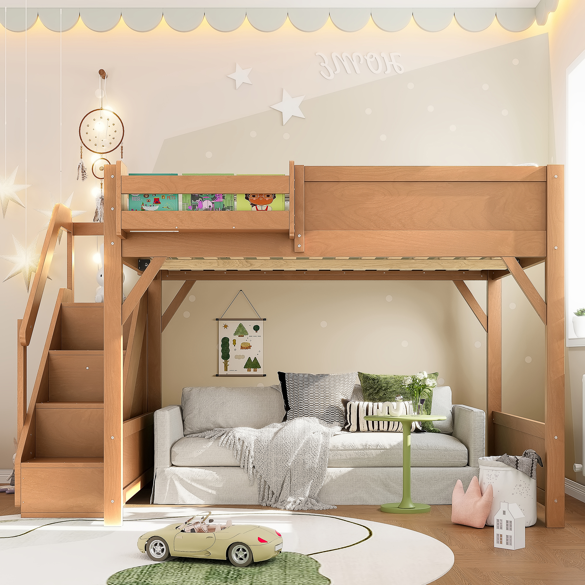 Full Size Loft Bed with Built-in Wardrobe and Storage Space, Solid Wood Loft Bed with Beside Shelves, Full-length Guardrails and Stairs, No Box Spring Needed,Deep Natural - Image 2