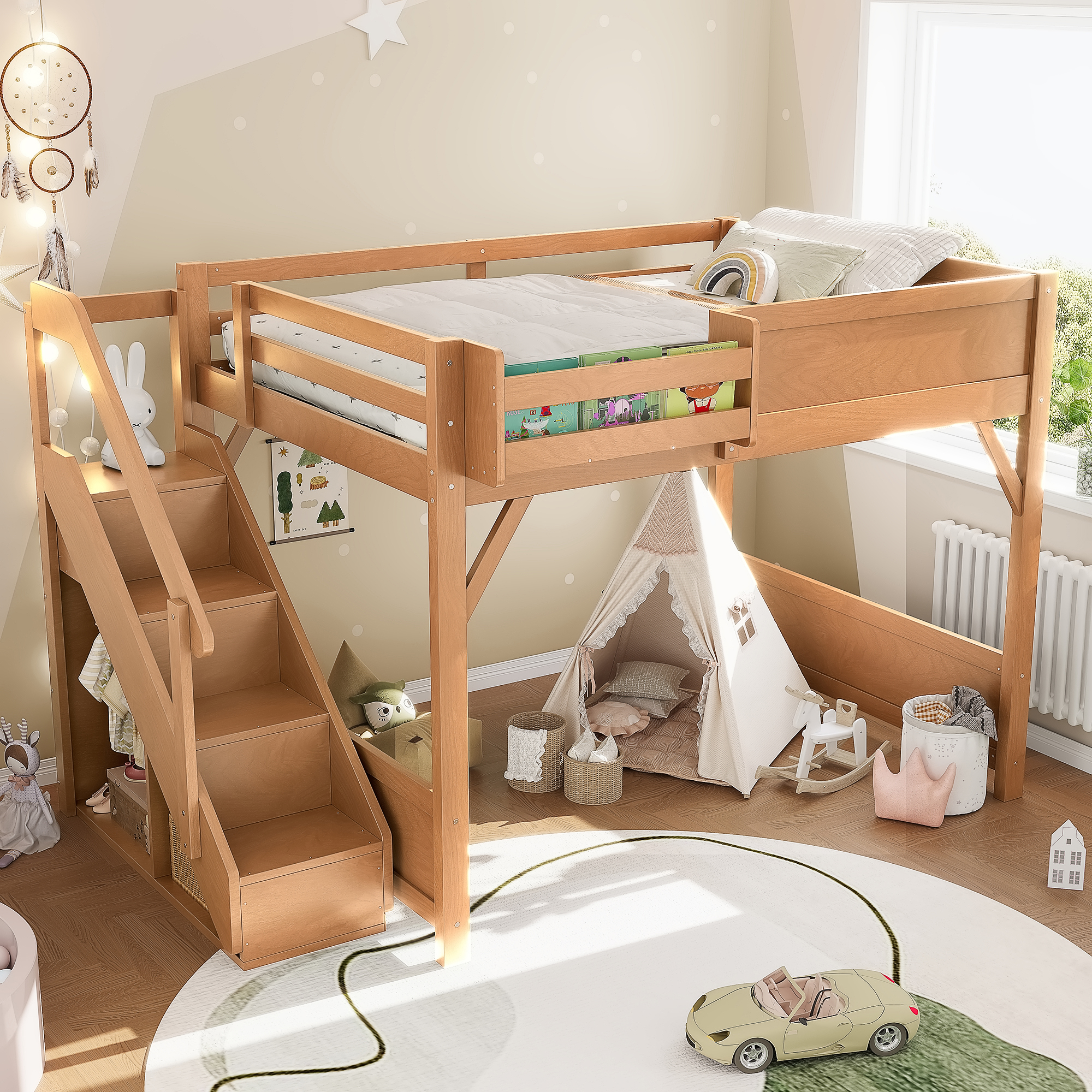 Full Size Loft Bed with Built-in Wardrobe and Storage Space, Solid Wood Loft Bed with Beside Shelves, Full-length Guardrails and Stairs, No Box Spring Needed,Deep Natural - Image 3