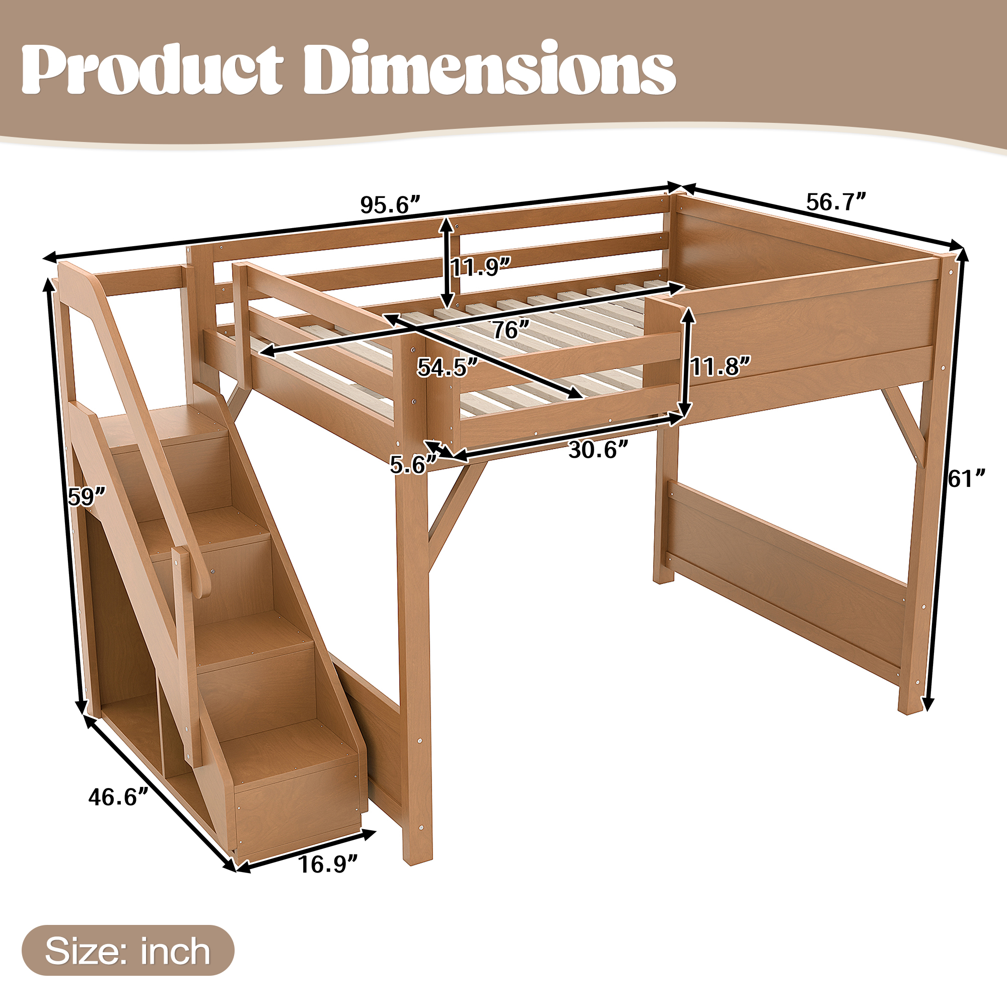 Full Size Loft Bed with Built-in Wardrobe and Storage Space, Solid Wood Loft Bed with Beside Shelves, Full-length Guardrails and Stairs, No Box Spring Needed,Deep Natural - Image 4