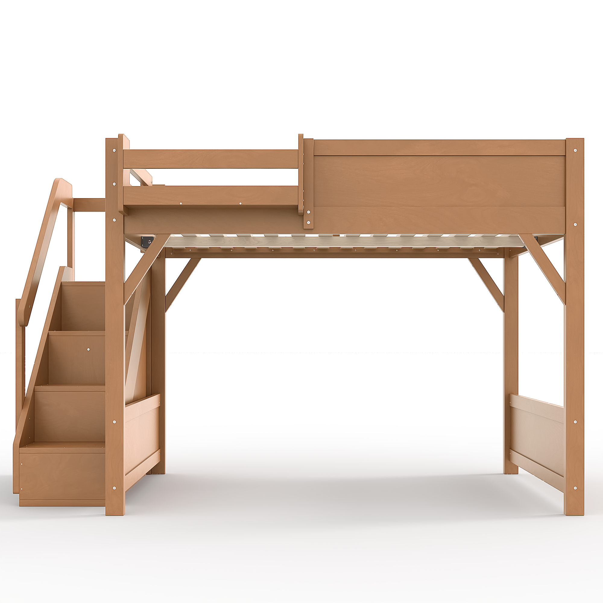 Full Size Loft Bed with Built-in Wardrobe and Storage Space, Solid Wood Loft Bed with Beside Shelves, Full-length Guardrails and Stairs, No Box Spring Needed,Deep Natural - Image 5