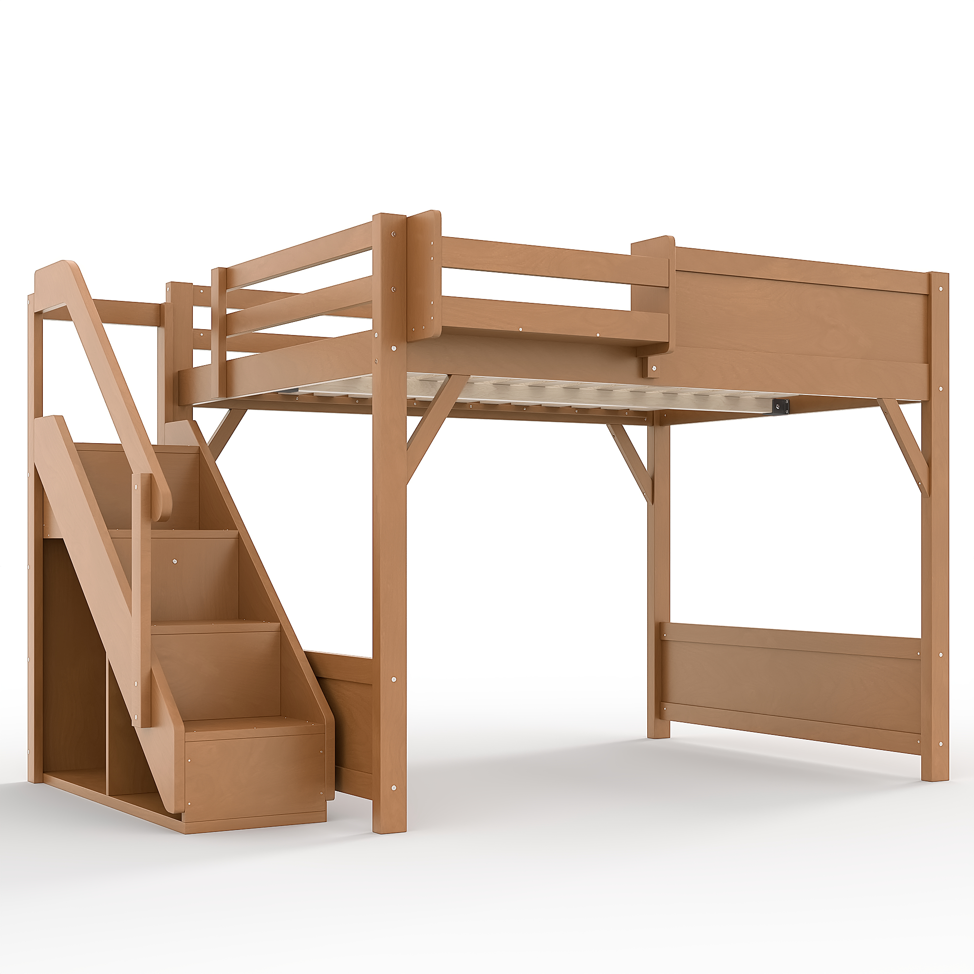 Full Size Loft Bed with Built-in Wardrobe and Storage Space, Solid Wood Loft Bed with Beside Shelves, Full-length Guardrails and Stairs, No Box Spring Needed,Deep Natural - Image 6