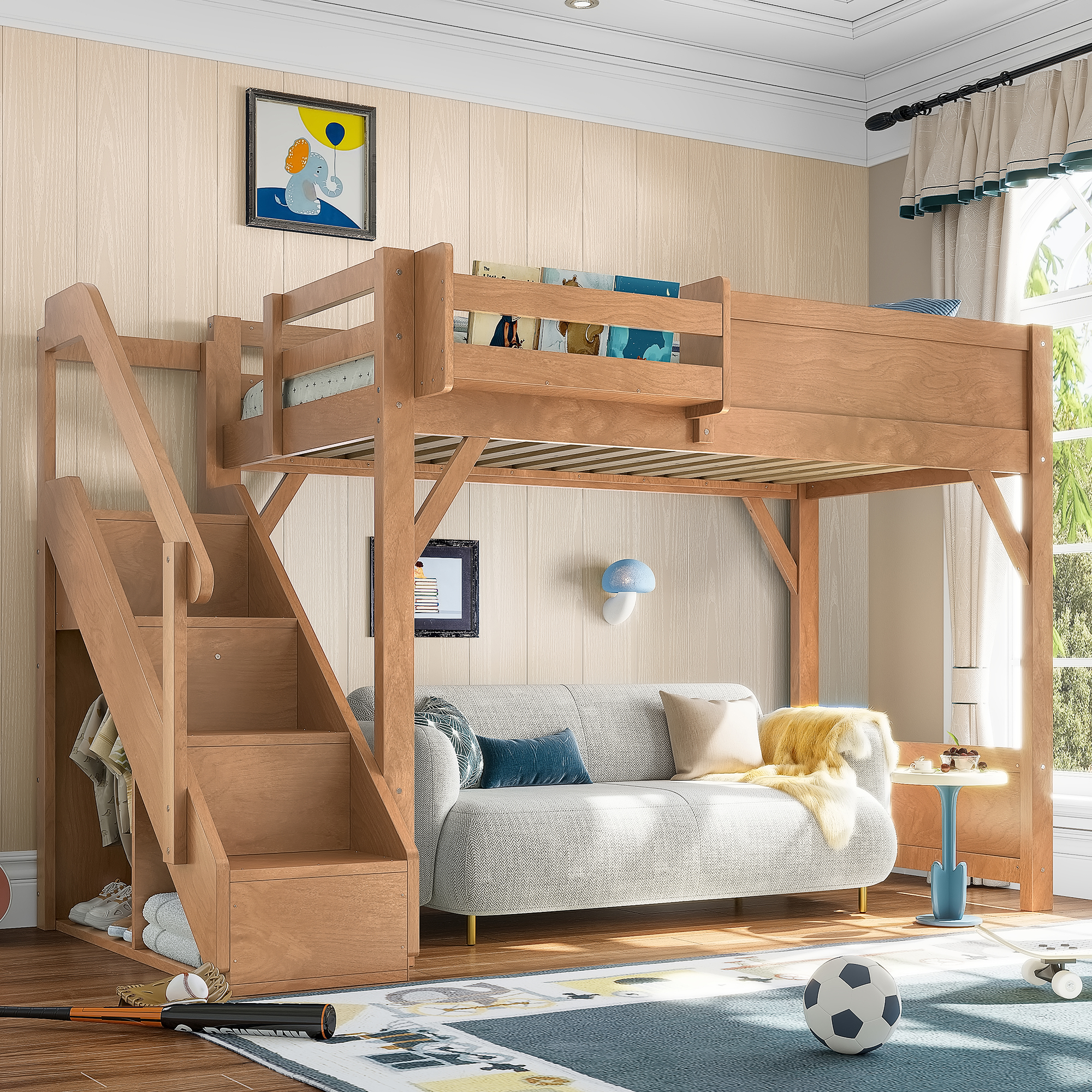Twin Size Loft Bed with Built-in Wardrobe and Storage Space, Solid Wood Loft Bed with Beside Shelves, Full-length Guardrails and Stairs, No Box Spring Needed, Deep Natural - Image 1