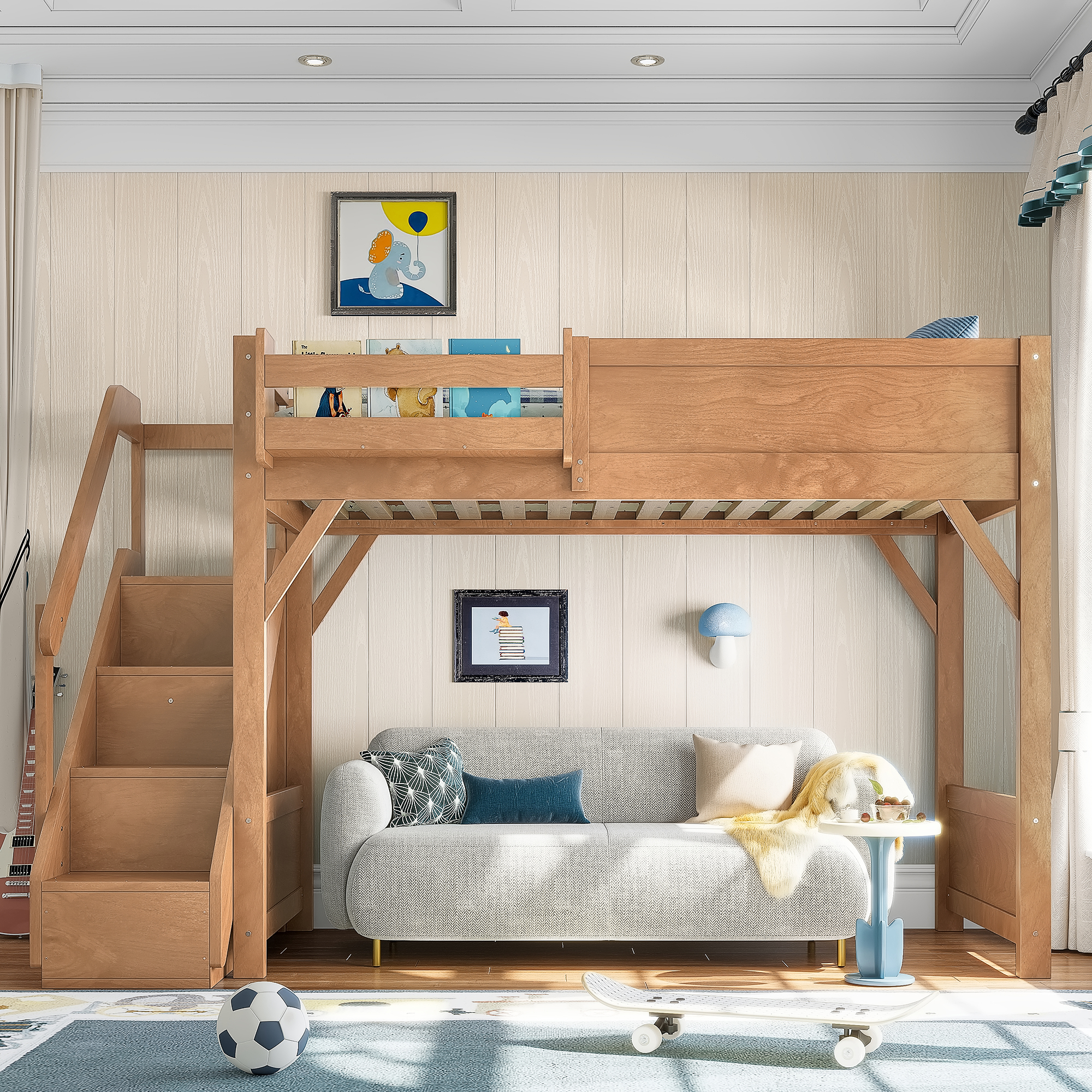 Twin Size Loft Bed with Built-in Wardrobe and Storage Space, Solid Wood Loft Bed with Beside Shelves, Full-length Guardrails and Stairs, No Box Spring Needed, Deep Natural - Image 2