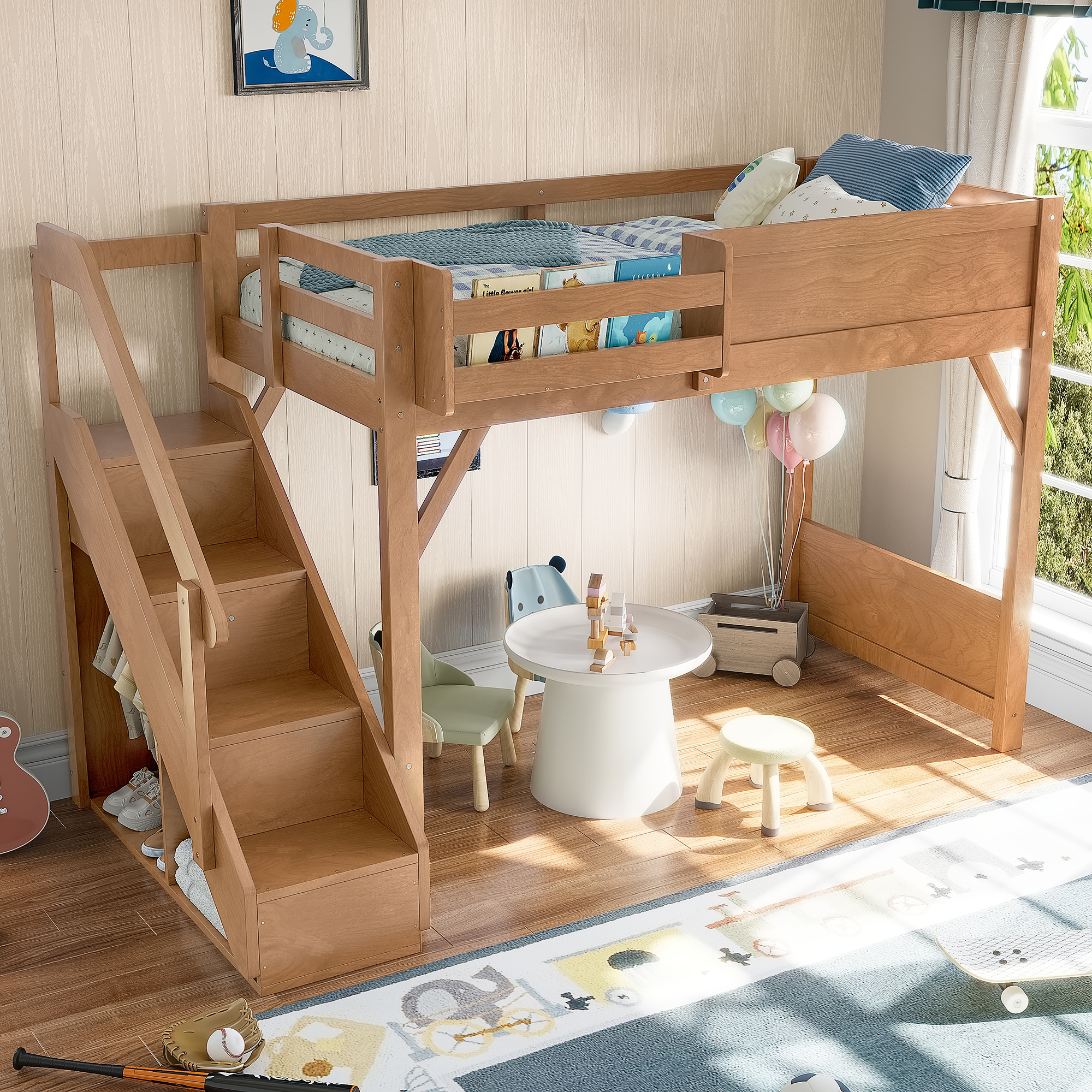 Twin Size Loft Bed with Built-in Wardrobe and Storage Space, Solid Wood Loft Bed with Beside Shelves, Full-length Guardrails and Stairs, No Box Spring Needed, Deep Natural - Image 3