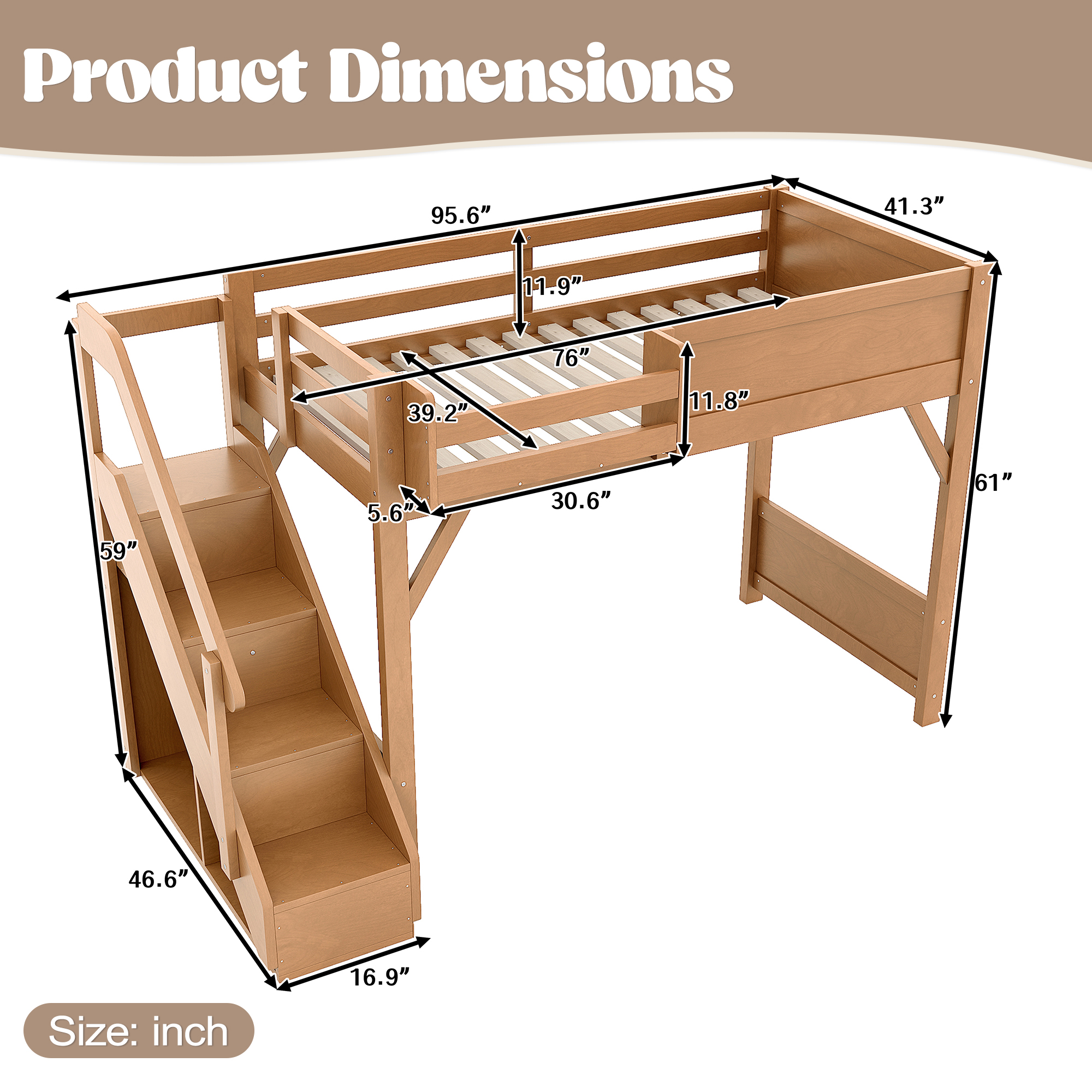 Twin Size Loft Bed with Built-in Wardrobe and Storage Space, Solid Wood Loft Bed with Beside Shelves, Full-length Guardrails and Stairs, No Box Spring Needed, Deep Natural - Image 4