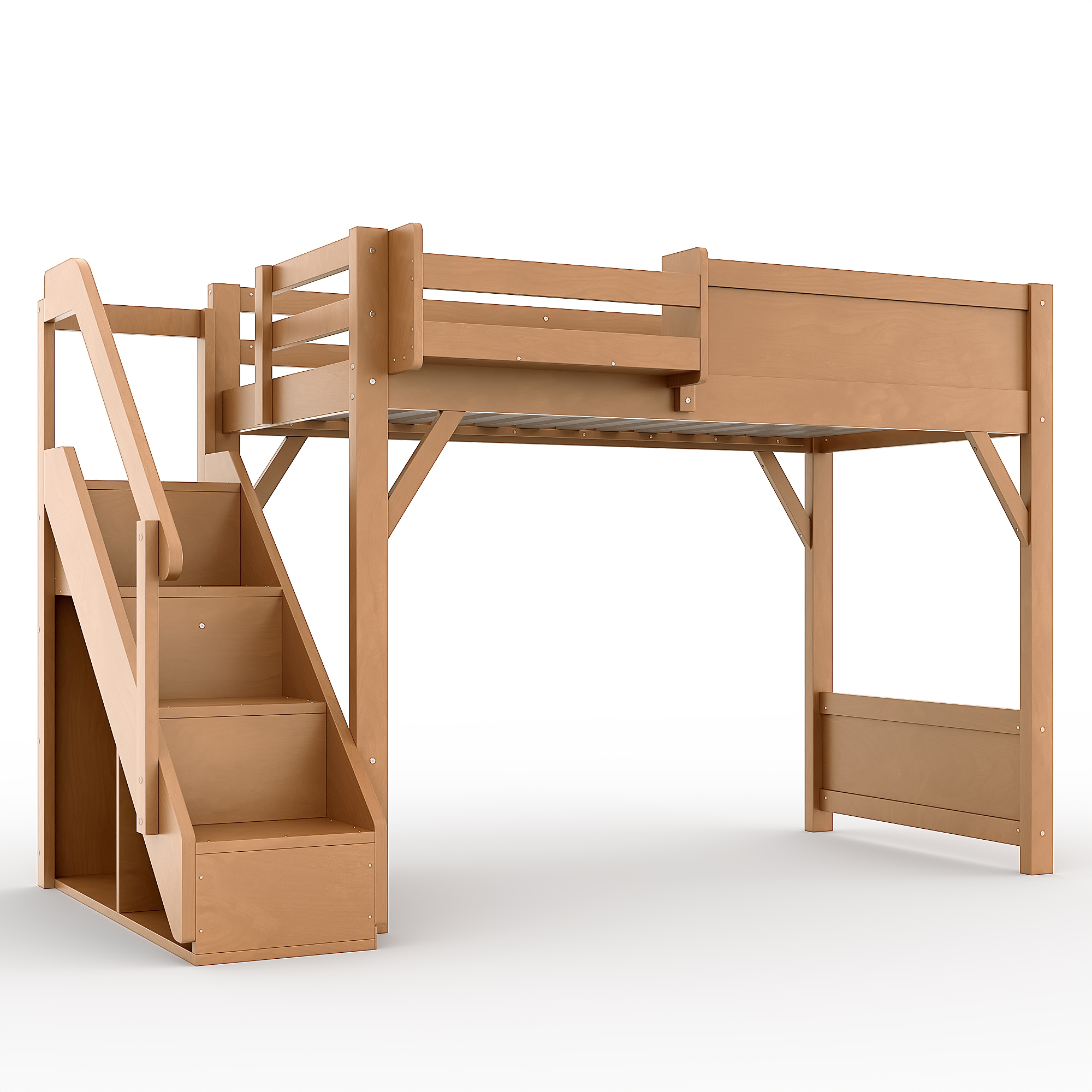Twin Size Loft Bed with Built-in Wardrobe and Storage Space, Solid Wood Loft Bed with Beside Shelves, Full-length Guardrails and Stairs, No Box Spring Needed, Deep Natural - Image 6