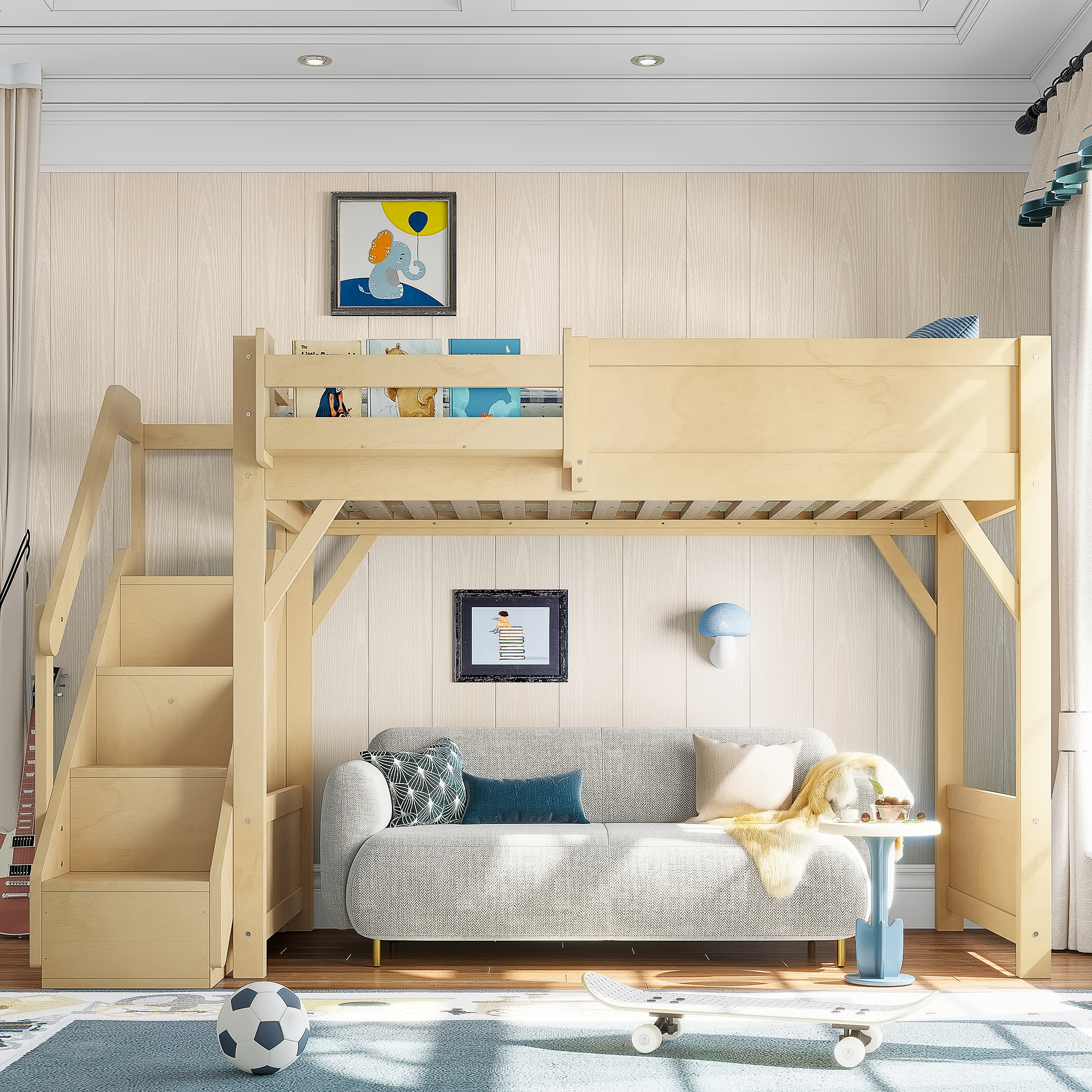 Twin Size Loft Bed with Built-in Wardrobe and Storage Space, Solid Wood Loft Bed with Beside Shelves, Full-length Guardrails and Stairs, No Box Spring Needed, Natural - Image 2