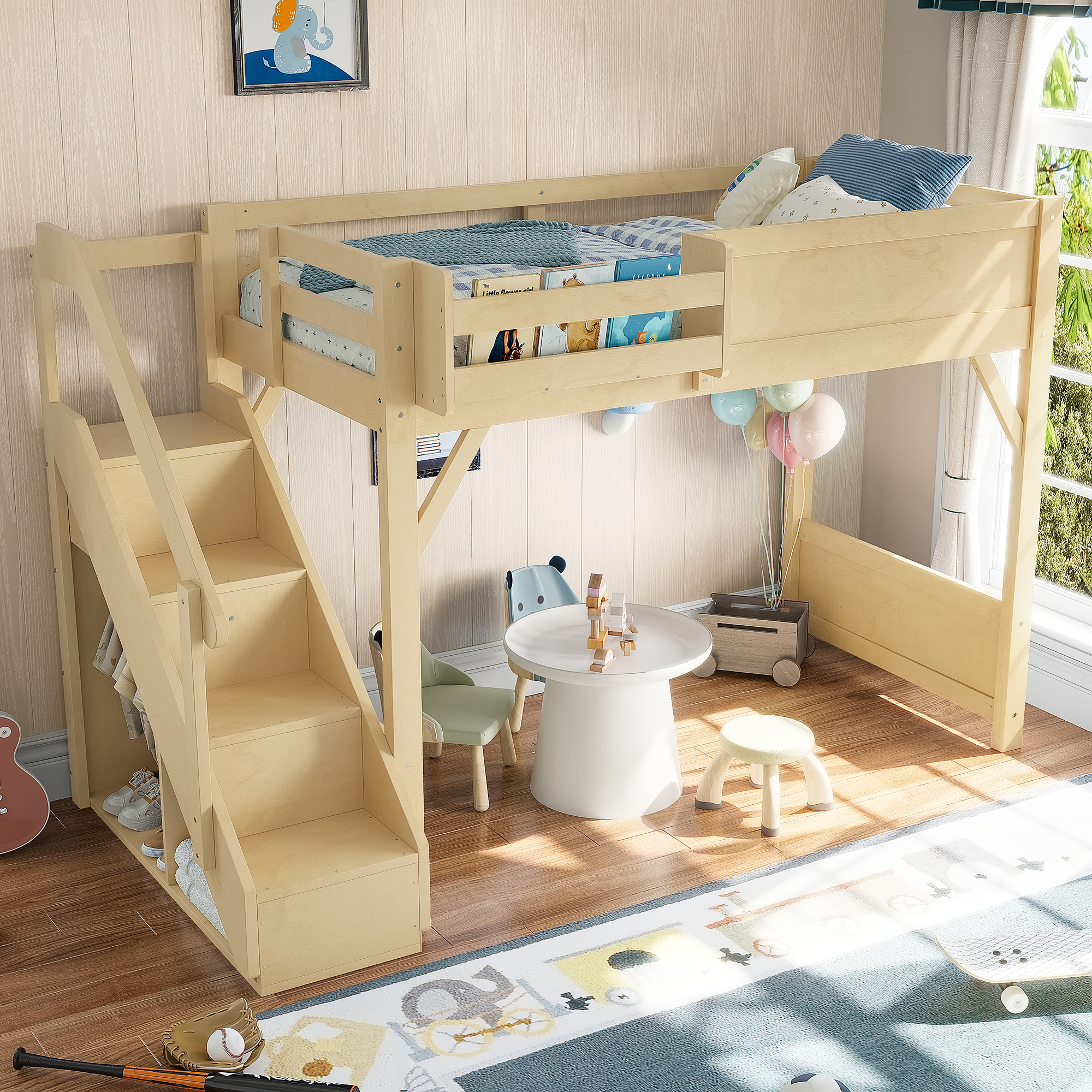 Twin Size Loft Bed with Built-in Wardrobe and Storage Space, Solid Wood Loft Bed with Beside Shelves, Full-length Guardrails and Stairs, No Box Spring Needed, Natural - Image 3