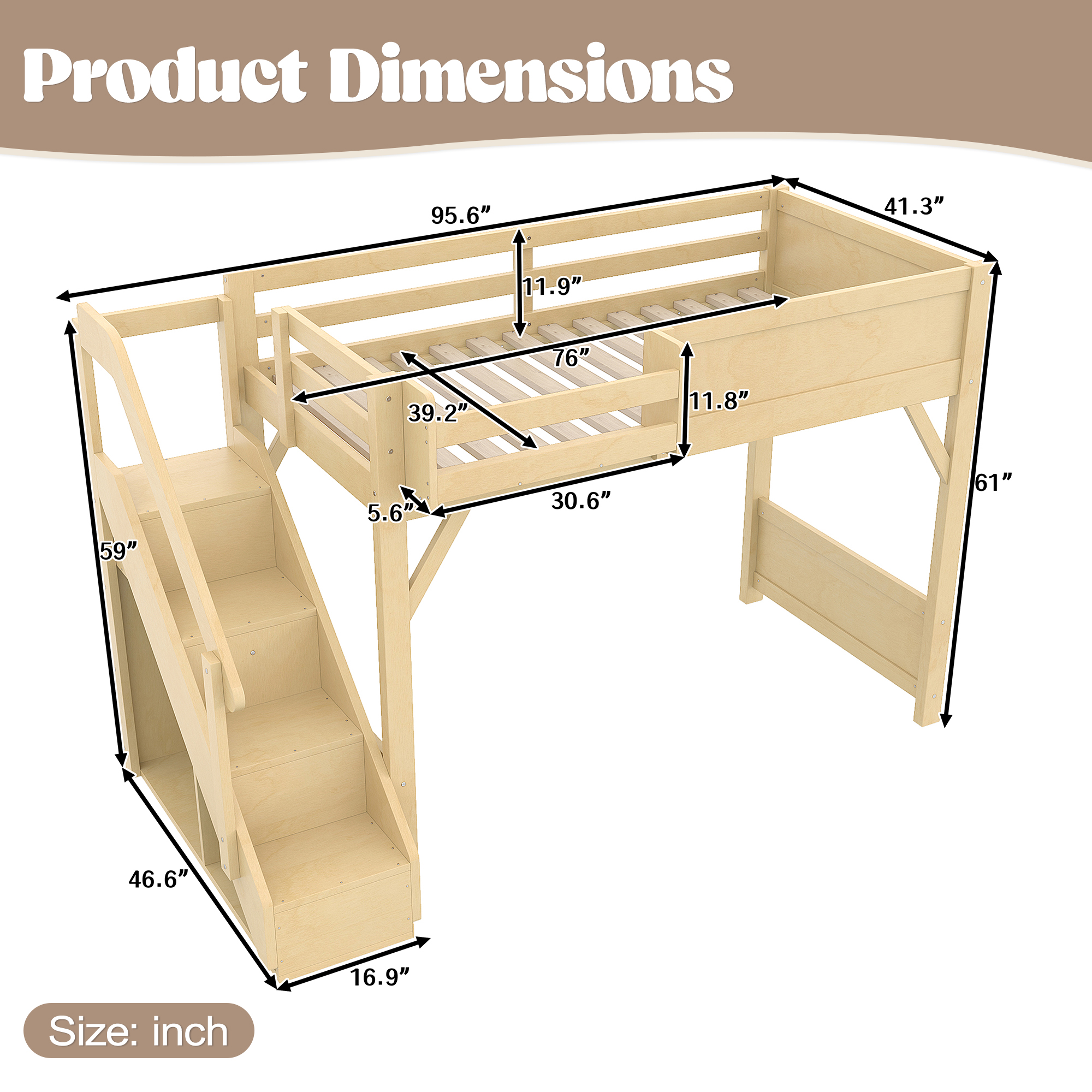 Twin Size Loft Bed with Built-in Wardrobe and Storage Space, Solid Wood Loft Bed with Beside Shelves, Full-length Guardrails and Stairs, No Box Spring Needed, Natural - Image 4