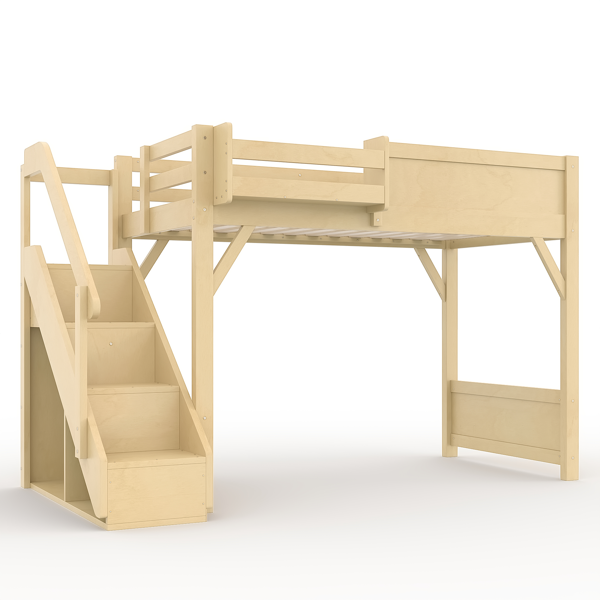Twin Size Loft Bed with Built-in Wardrobe and Storage Space, Solid Wood Loft Bed with Beside Shelves, Full-length Guardrails and Stairs, No Box Spring Needed, Natural - Image 6