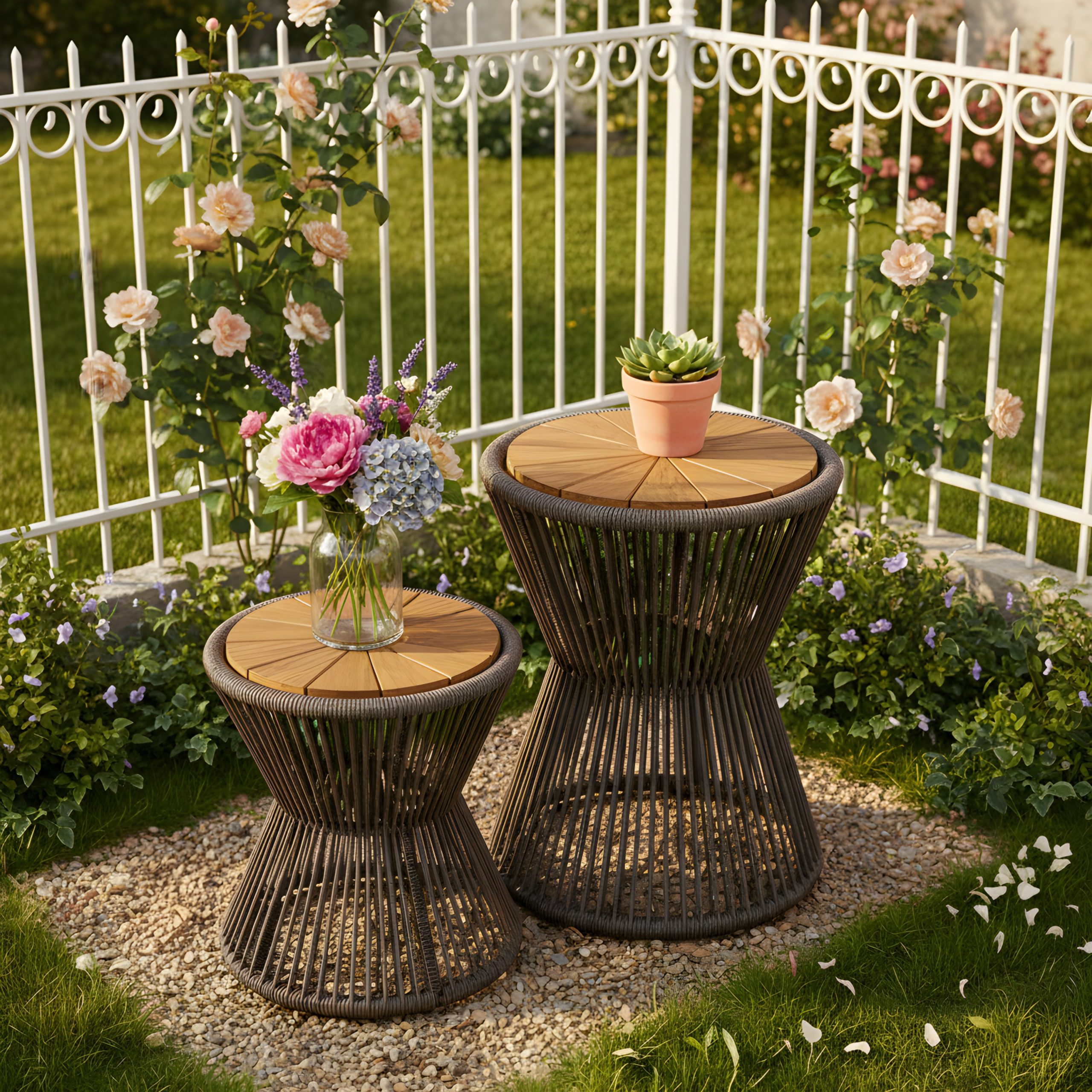 Scott Living Nara Grey Outdoor Side Table Acacia Wood & Woven Rope, Set of 2 - Image 4