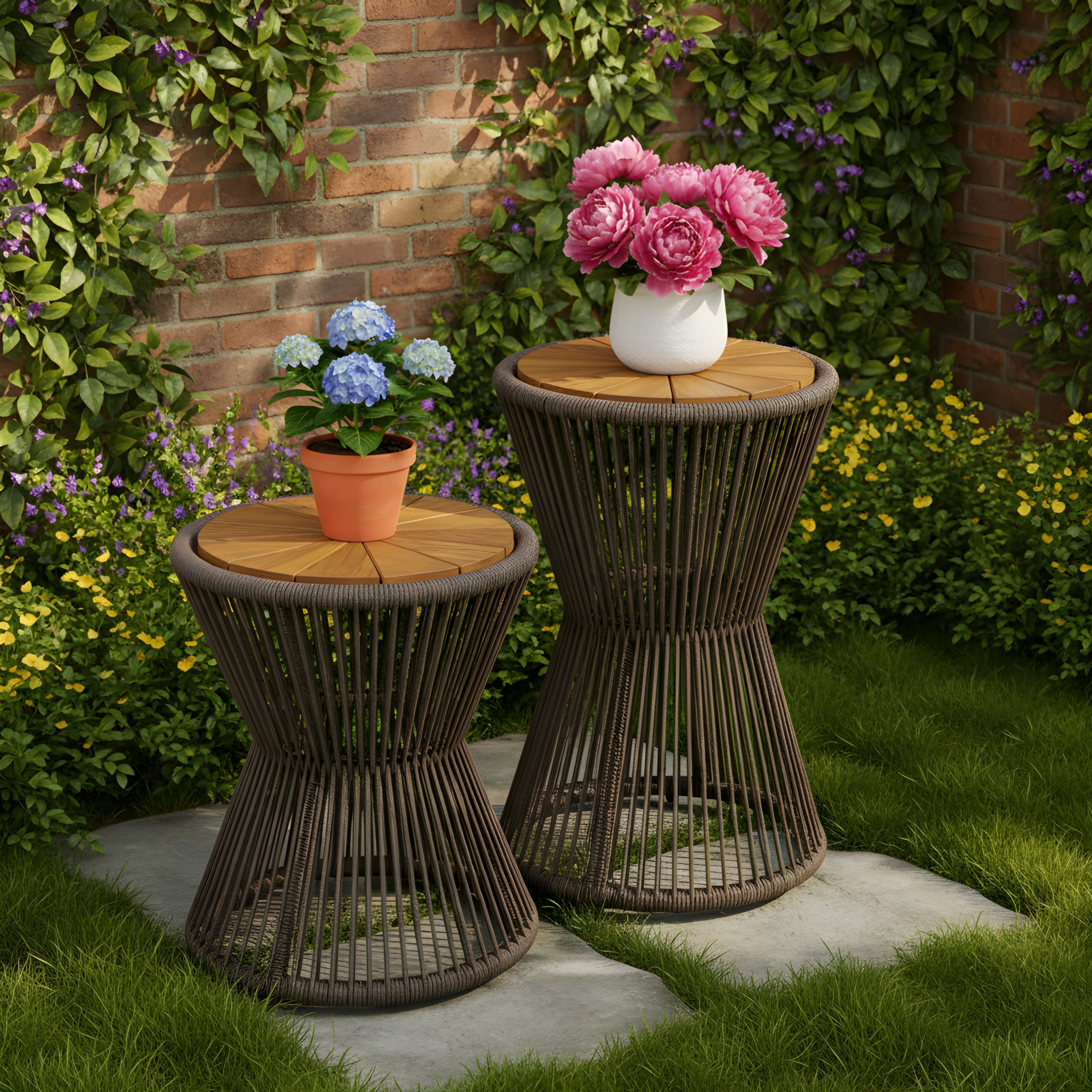 Scott Living Nara Grey Outdoor Side Table Acacia Wood & Woven Rope, Set of 2 - Image 5