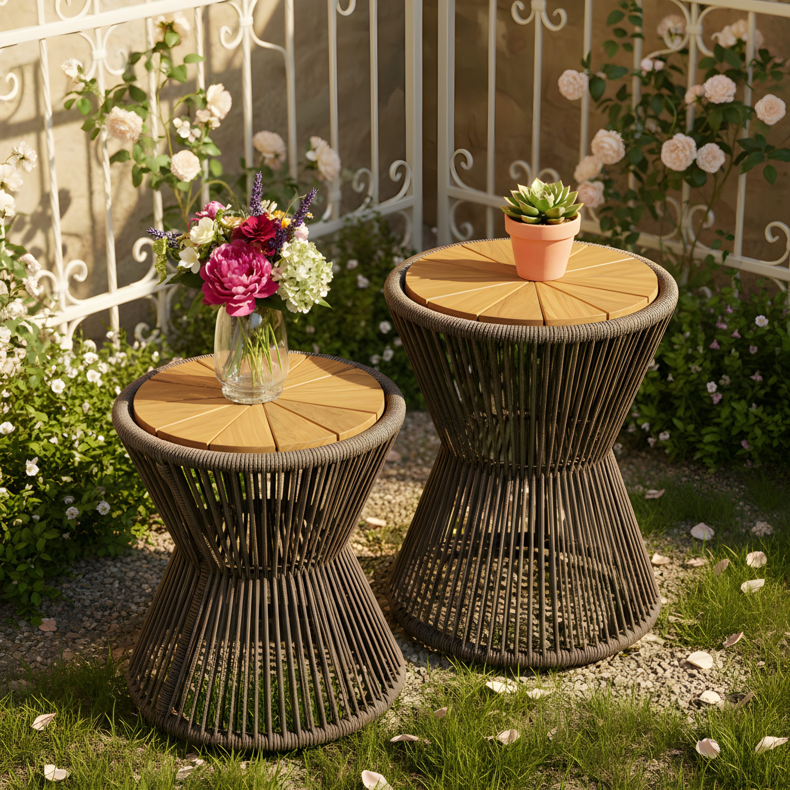 Scott Living Nara Grey Outdoor Side Table Acacia Wood & Woven Rope, Set of 2 - Image 6