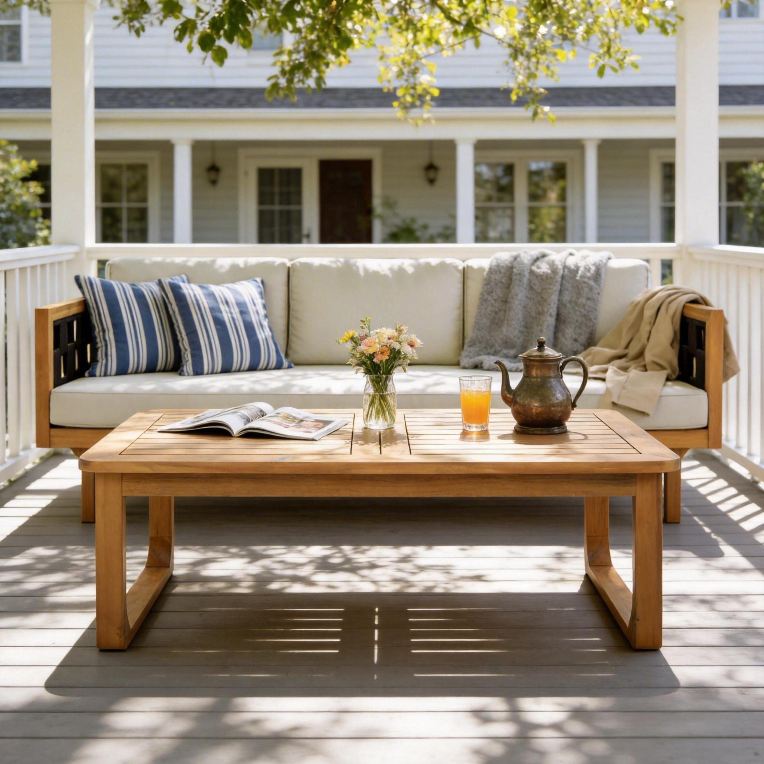 2-Piece Outdoor Patio Set: Acacia Wood Daybed with Light Grey Cushions & Black Rope + Rectangular Coffee Table with Curved Legs, Light Teak Finish, Modern Minimalist Design, For Deck, Garden, Poolside - Image 4