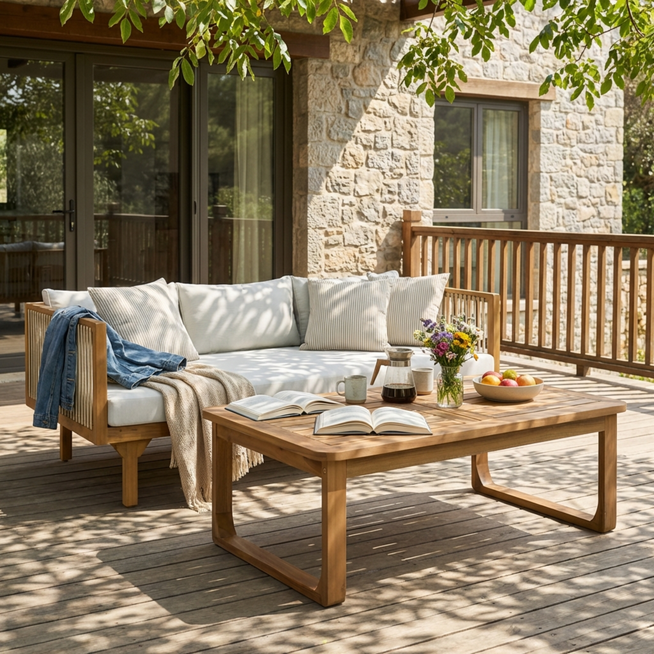 2-Piece Outdoor Patio Set: 3-Seater Daybed with Light Grey Cushions & Light Brown Rope + Rectangular Coffee Table with Curved Legs, Acacia Wood, Light Teak Finish, Modern Minimalist Design, For Deck, - Image 4
