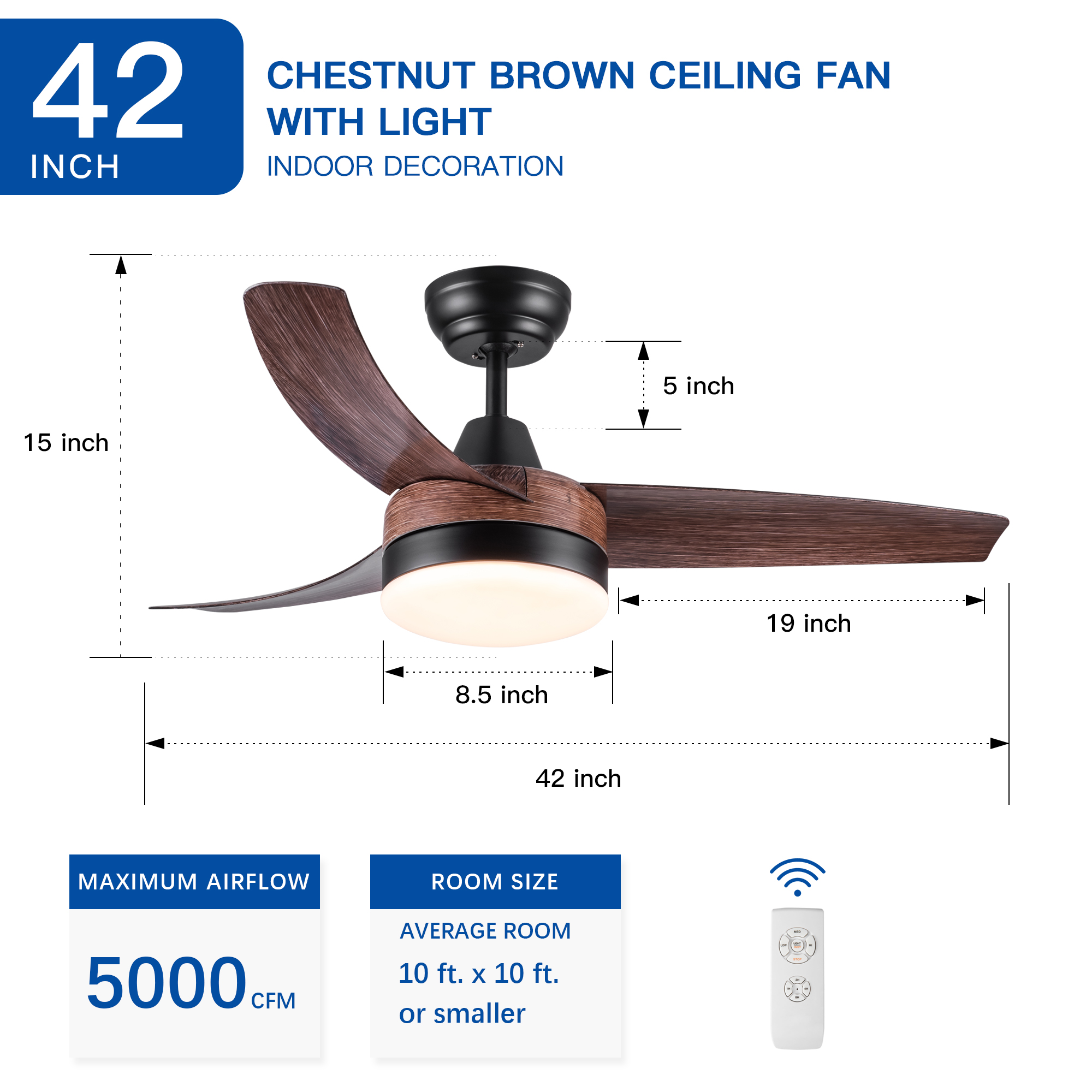 42" YUHAO Farmhouse Rustic LED Ceiling Fan with Brown Wood Grain ABS Blades and Remote Control - Image 3