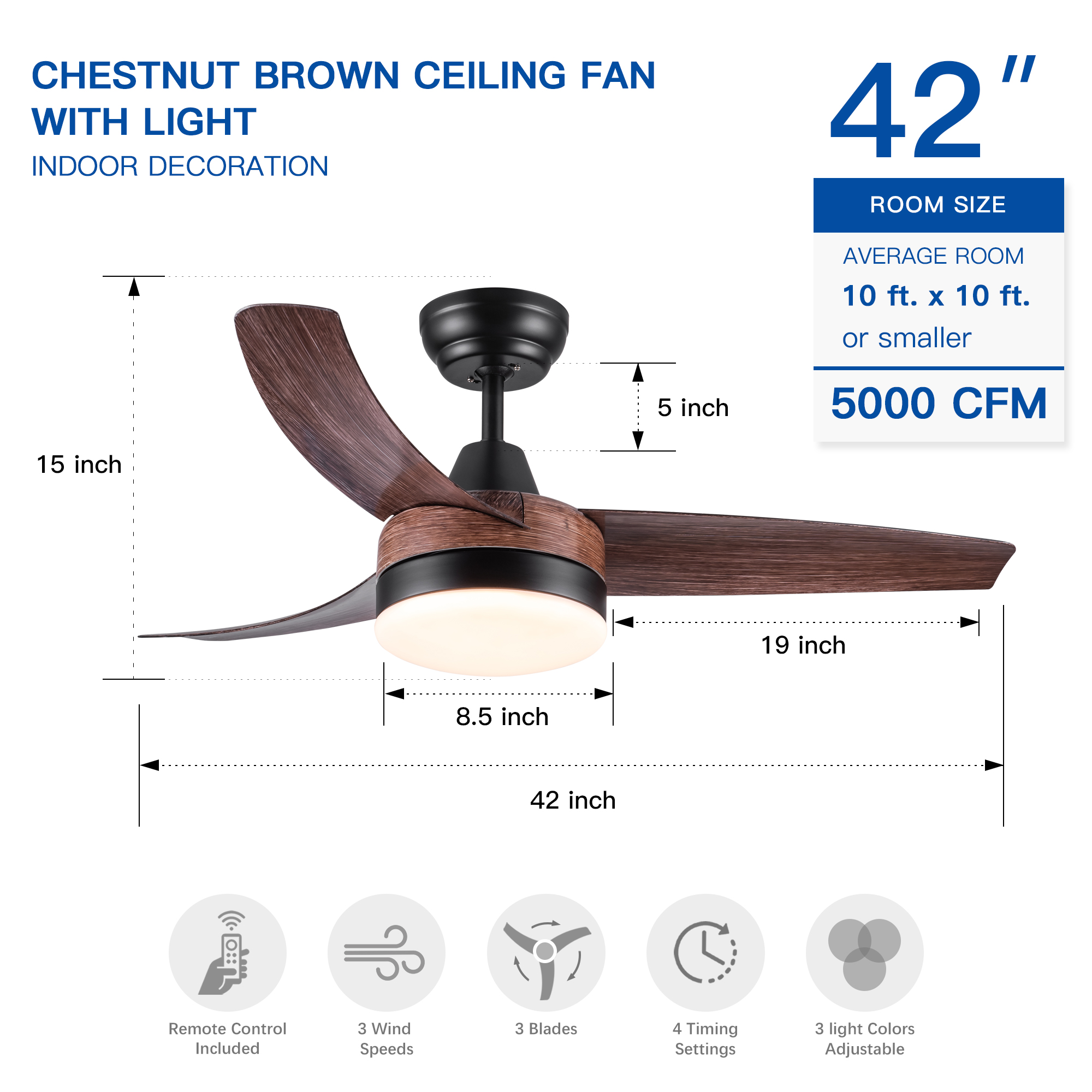 42" YUHAO Farmhouse Rustic LED Ceiling Fan with Brown Wood Grain ABS Blades and Remote Control - Image 4
