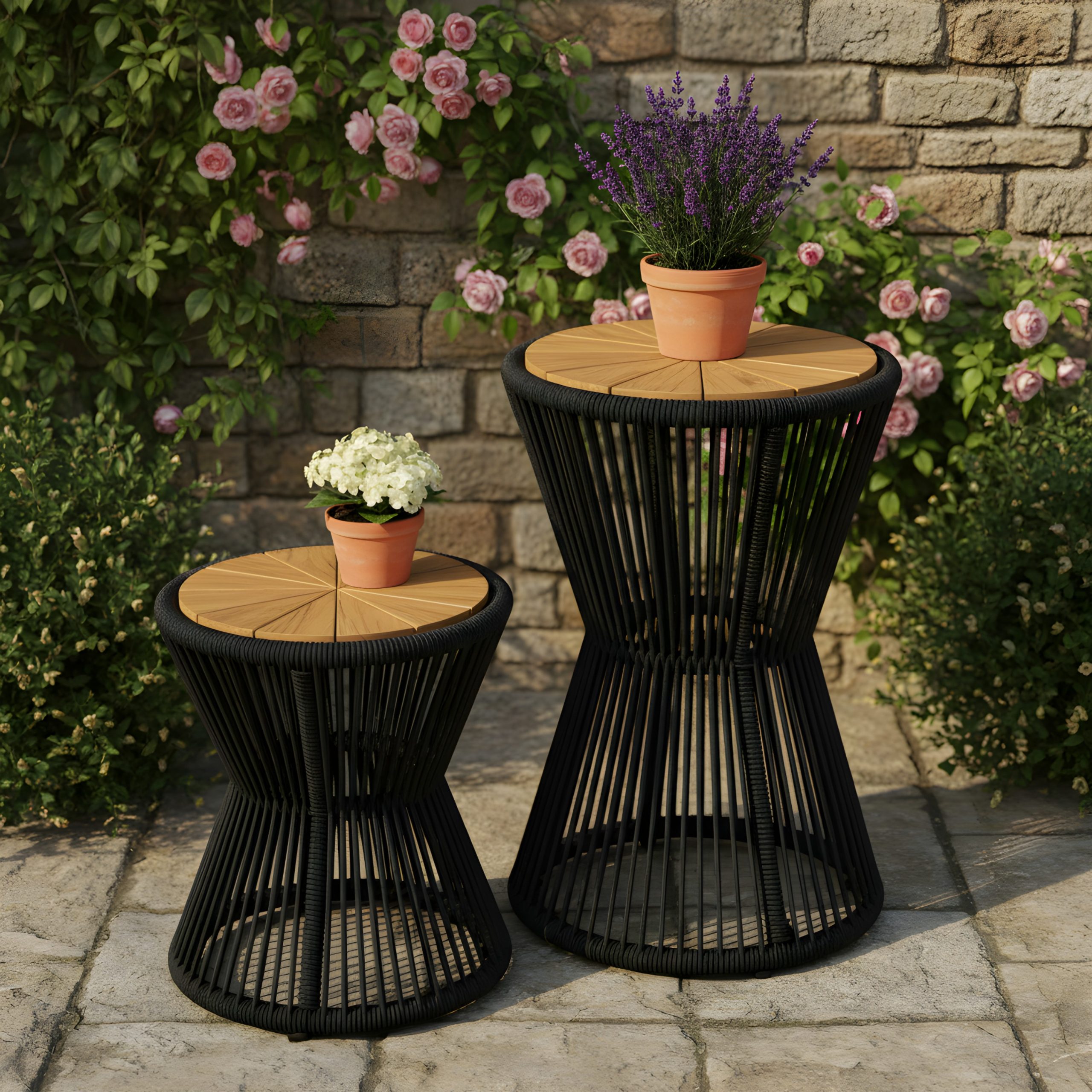 Scott Living Nara Black Outdoor Side Table Acacia Wood & Woven Rope, Set of 2 - Image 4