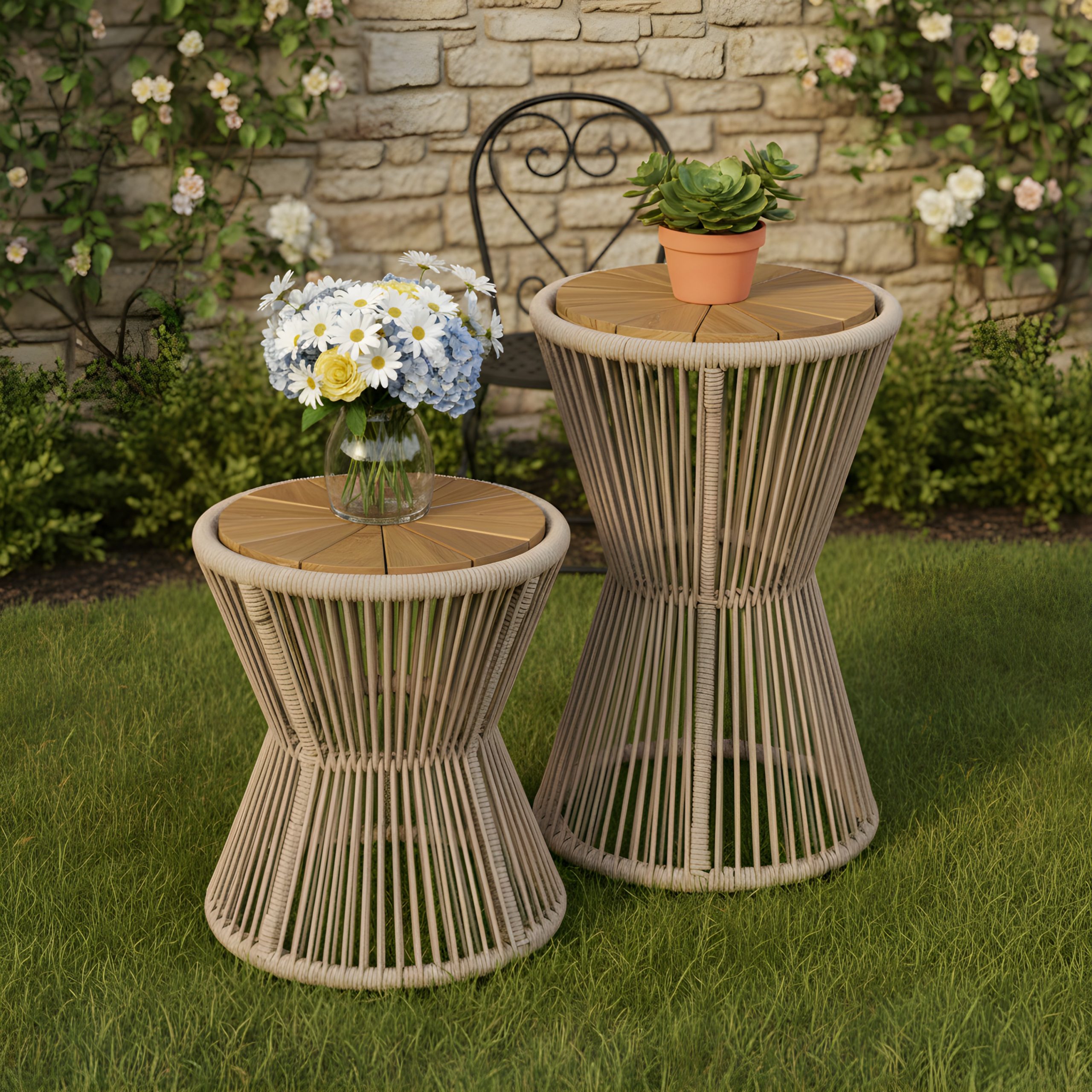 Scott Living Nara Beige Outdoor Side Table Acacia Wood & Woven Rope, Set of 2 - Image 6