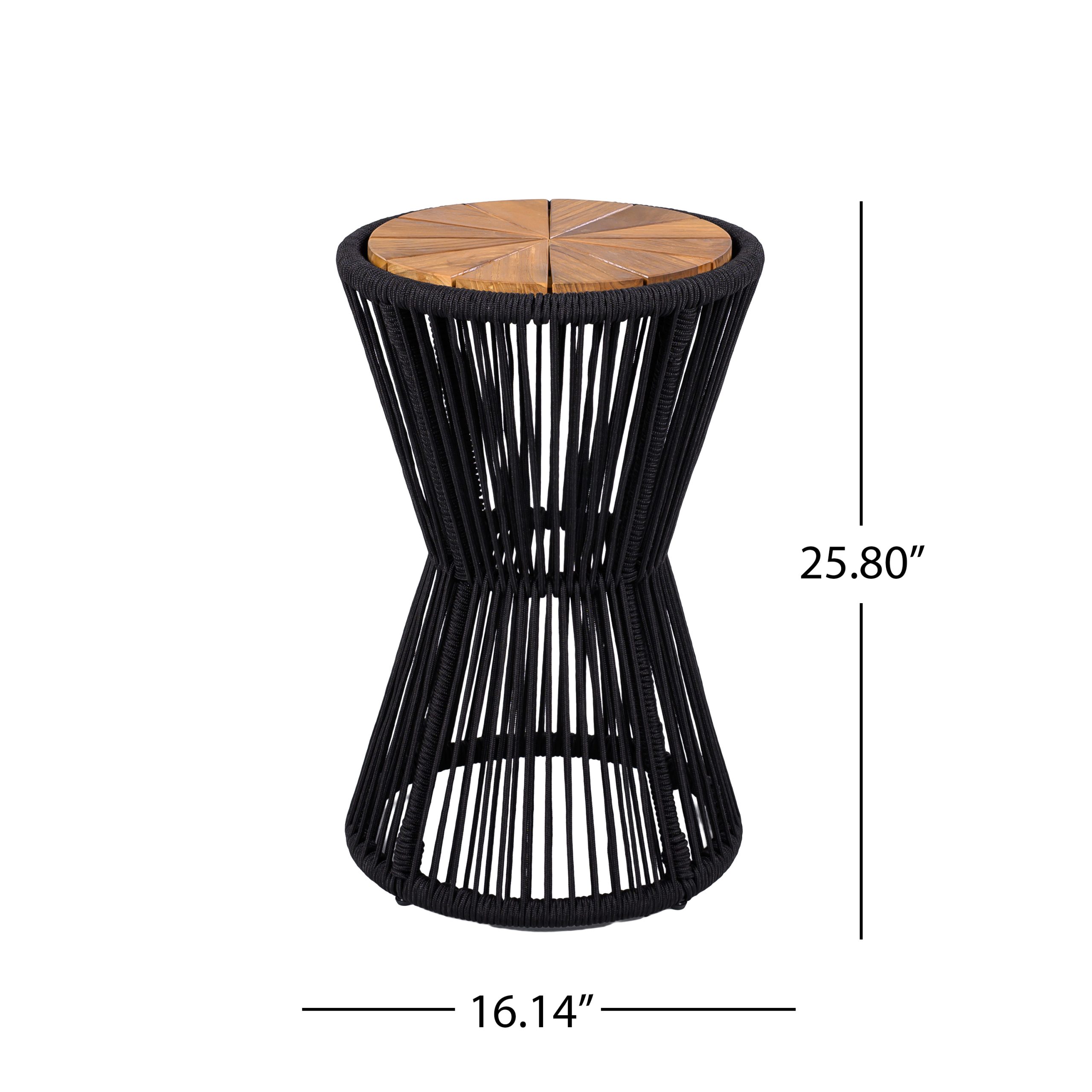 Outdoor Side Table, Black Rope and Acacia Wood, 25.80" Height, 16.14" Diameter, Elegant Long Hourglass Design, Weather Resistant, for Patio, Deck, Garden, Balcony, Modern Minimalist Style - Image 2