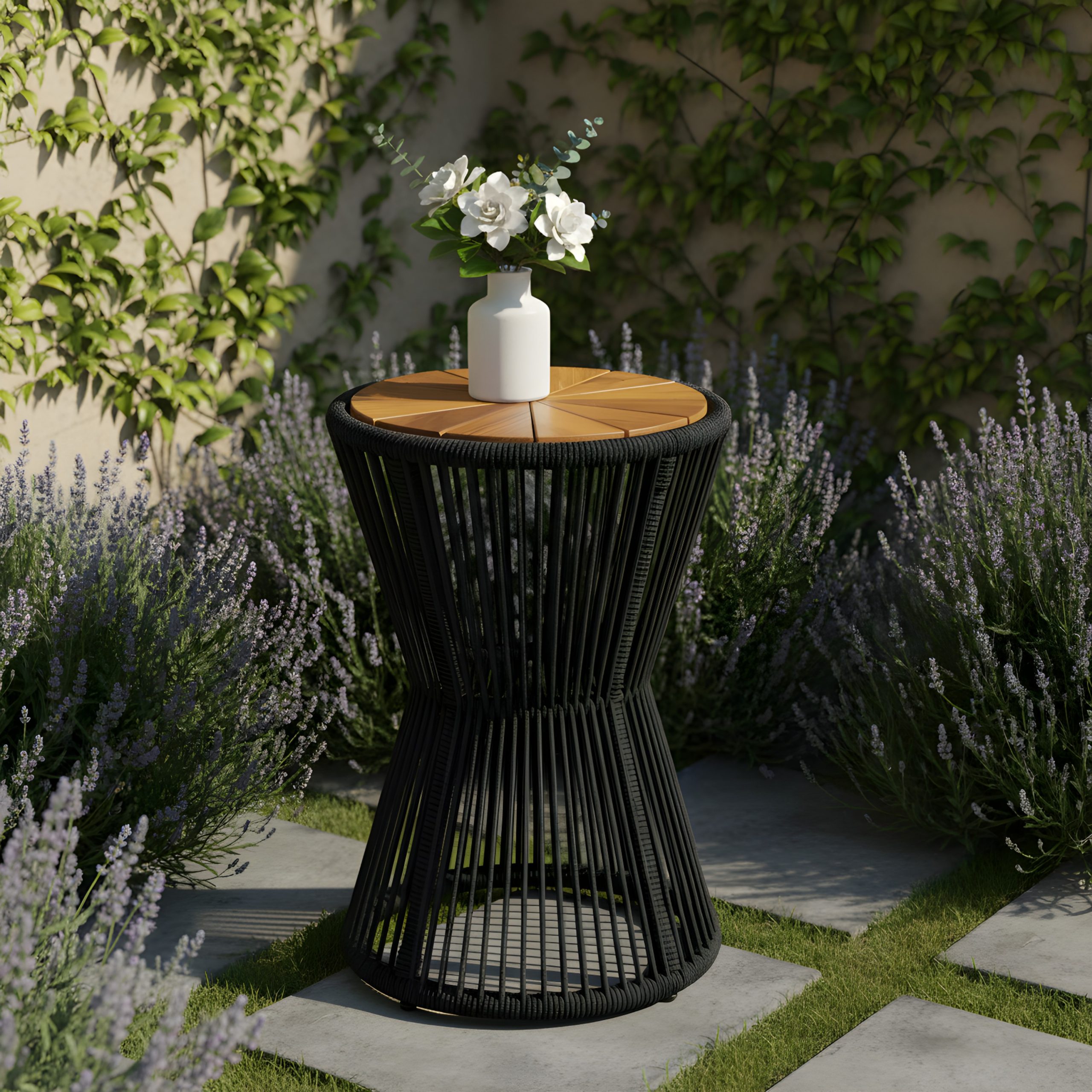 Outdoor Side Table, Black Rope and Acacia Wood, 25.80" Height, 16.14" Diameter, Elegant Long Hourglass Design, Weather Resistant, for Patio, Deck, Garden, Balcony, Modern Minimalist Style - Image 3