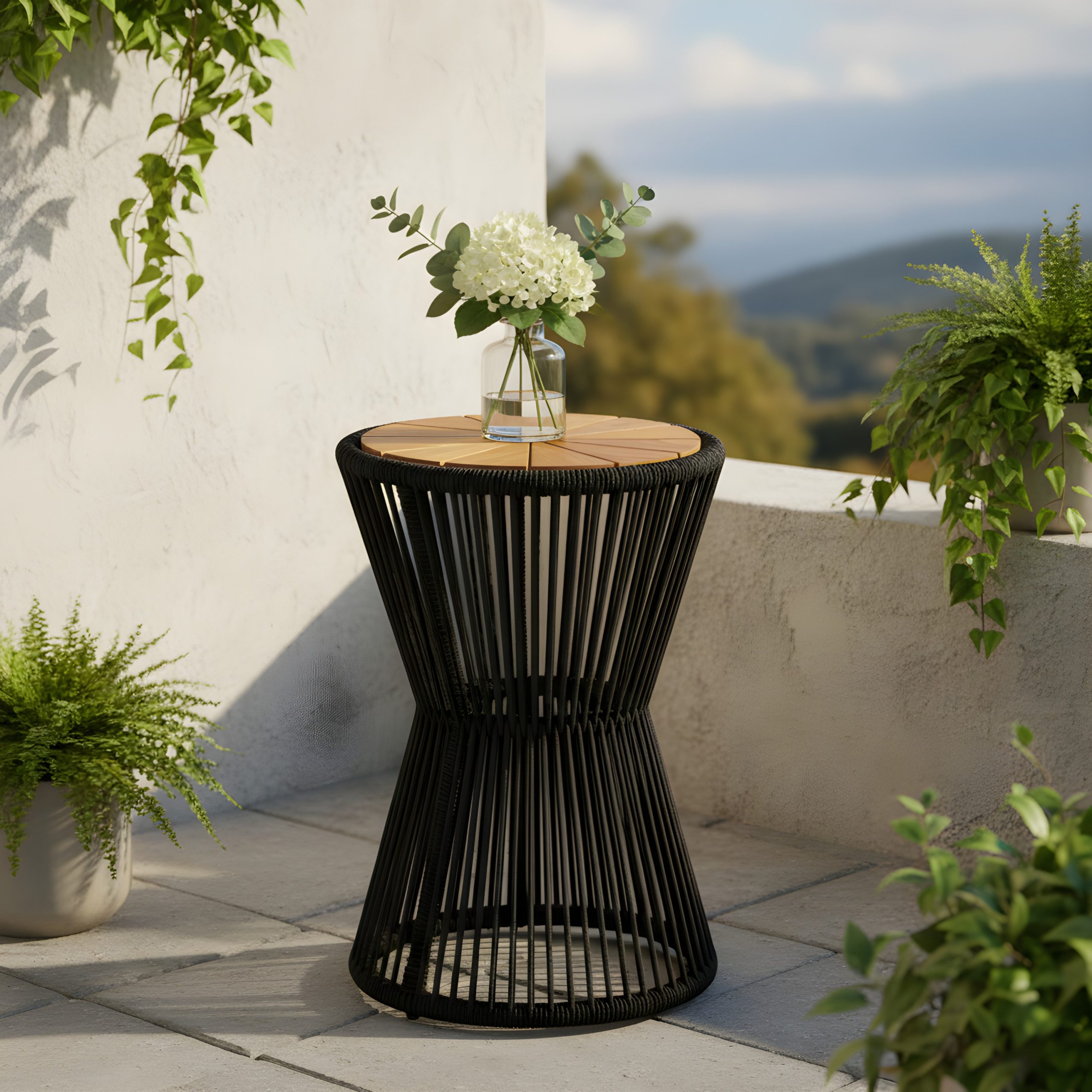 Outdoor Side Table, Black Rope and Acacia Wood, 25.80" Height, 16.14" Diameter, Elegant Long Hourglass Design, Weather Resistant, for Patio, Deck, Garden, Balcony, Modern Minimalist Style - Image 4