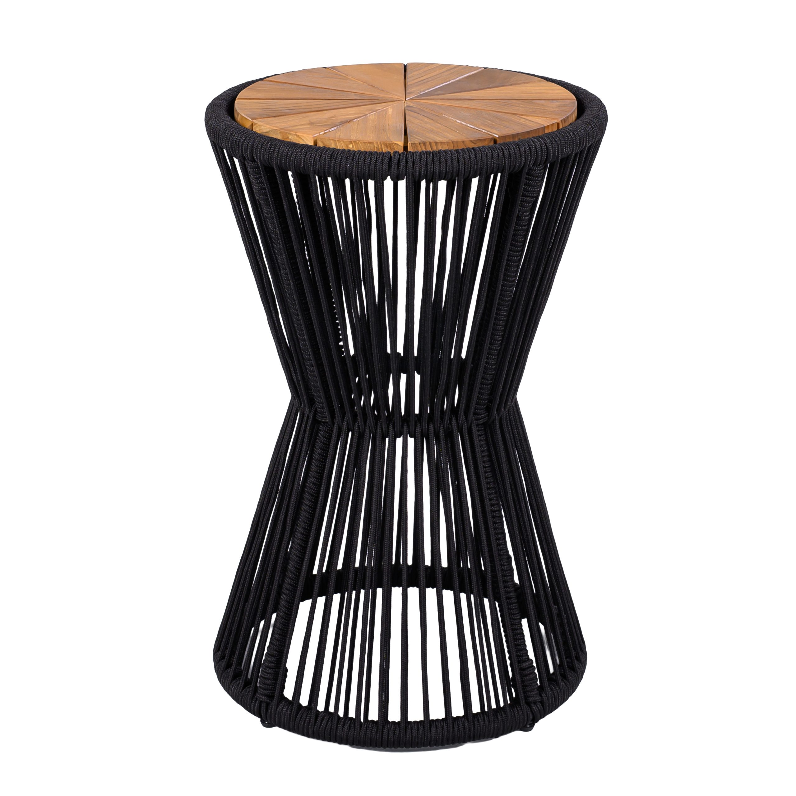 Outdoor Side Table, Black Rope and Acacia Wood, 25.80" Height, 16.14" Diameter, Elegant Long Hourglass Design, Weather Resistant, for Patio, Deck, Garden, Balcony, Modern Minimalist Style - Image 5