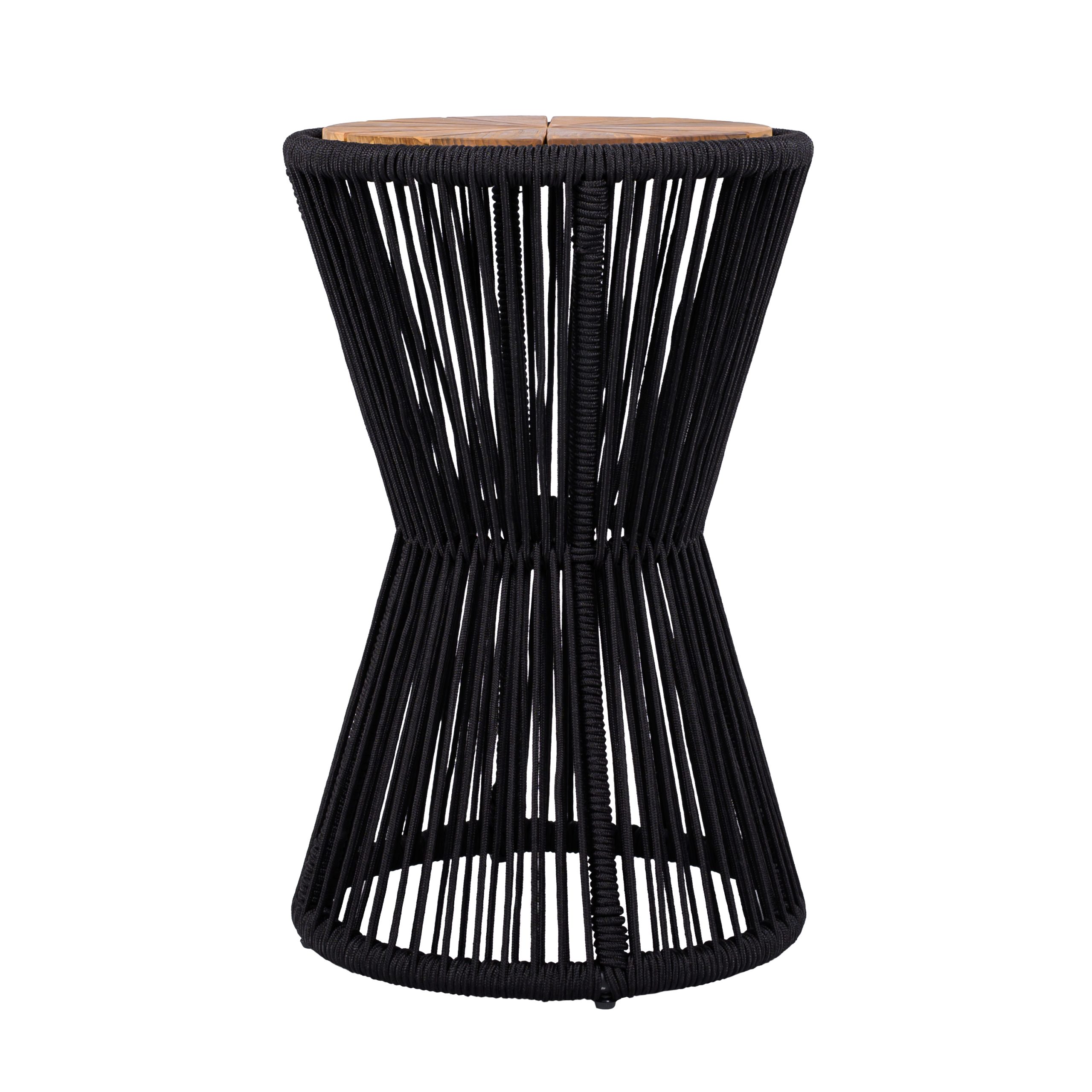 Outdoor Side Table, Black Rope and Acacia Wood, 25.80" Height, 16.14" Diameter, Elegant Long Hourglass Design, Weather Resistant, for Patio, Deck, Garden, Balcony, Modern Minimalist Style - Image 6