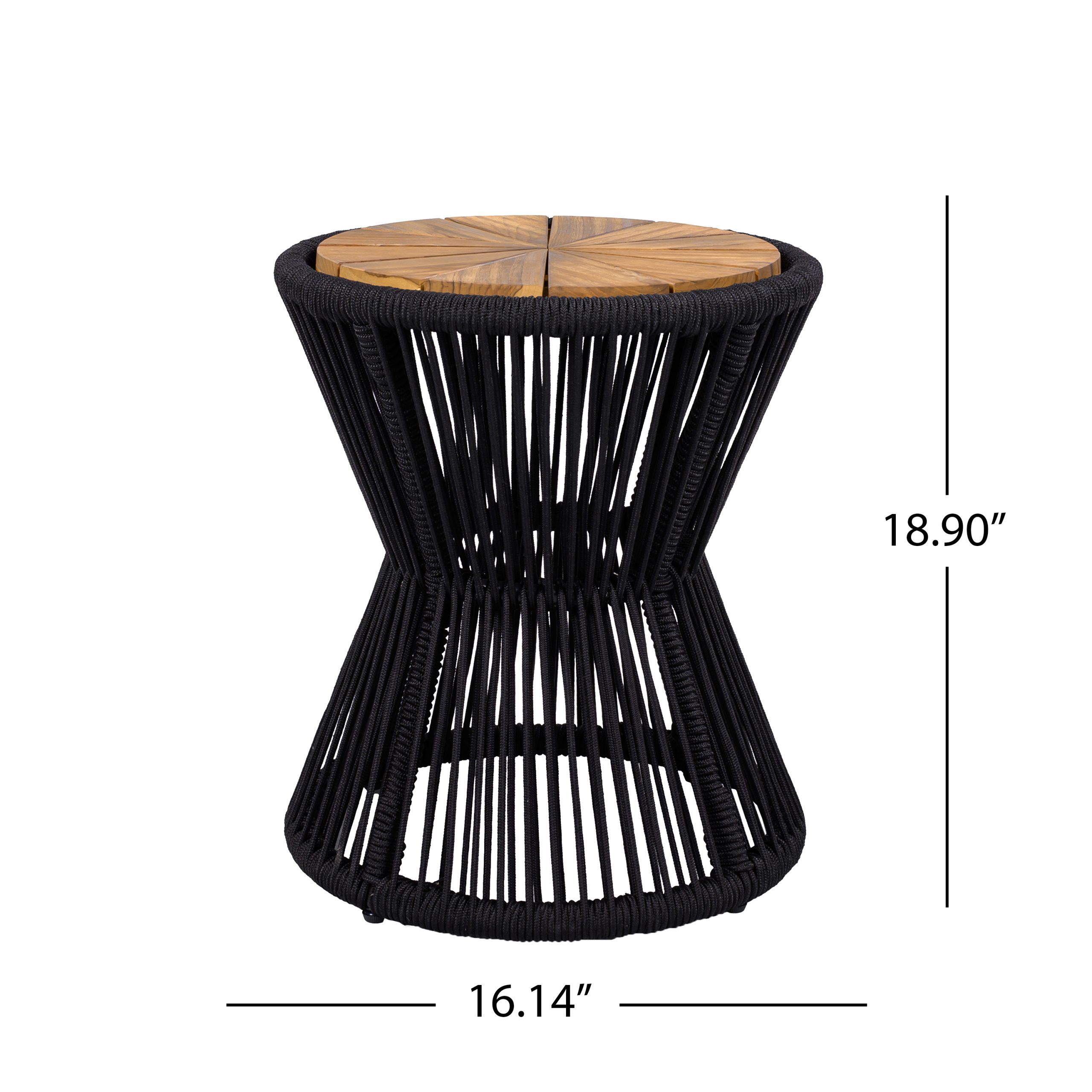 Outdoor Side Table, Black Rope & Acacia Wood, 18.90" Height, 16.14" Diameter, Elegant Hourglass Design, Weather Resistant, for Patio, Deck, Garden, Balcony, Modern Minimalist Style - Image 2