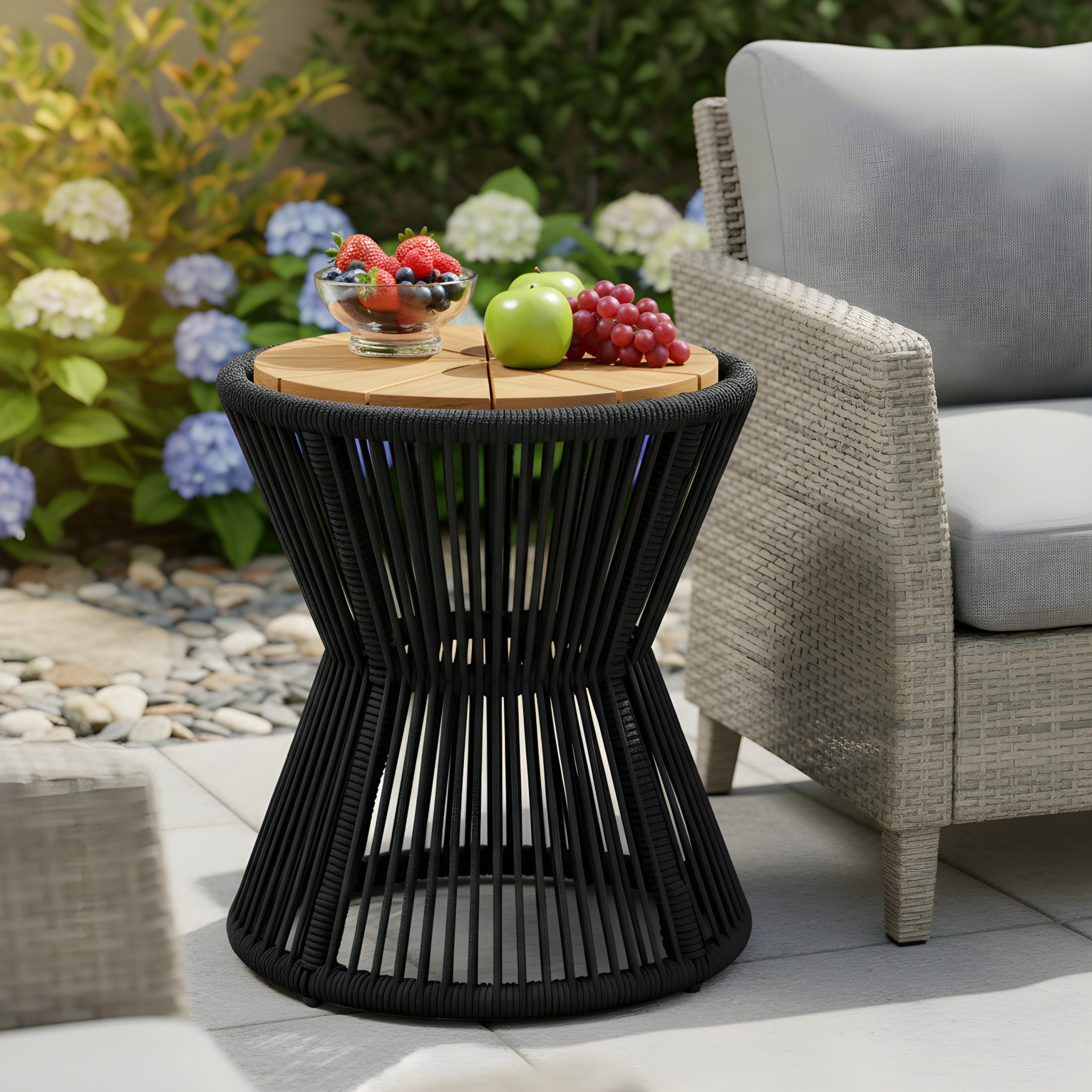 Outdoor Side Table, Black Rope & Acacia Wood, 18.90" Height, 16.14" Diameter, Elegant Hourglass Design, Weather Resistant, for Patio, Deck, Garden, Balcony, Modern Minimalist Style - Image 3