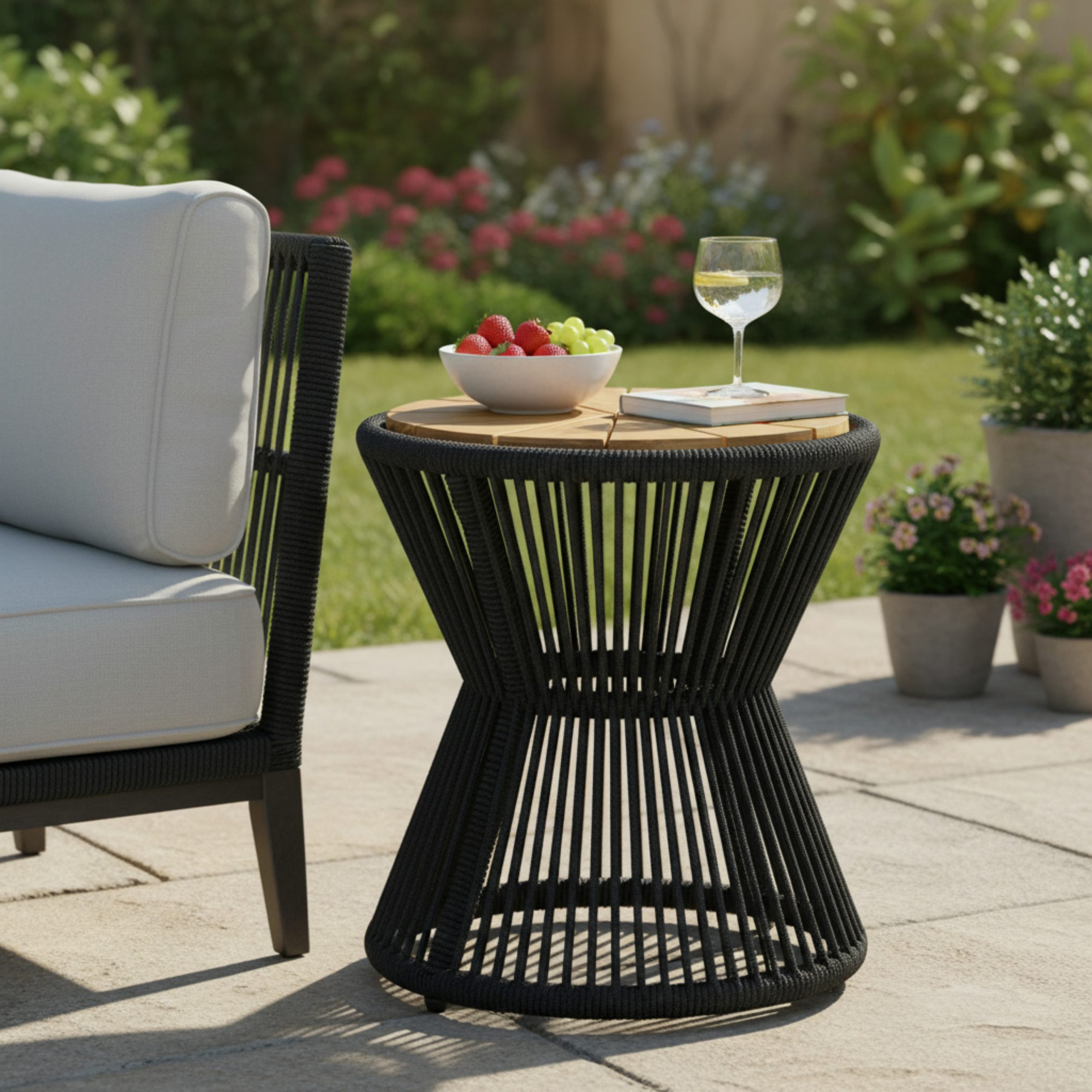 Outdoor Side Table, Black Rope & Acacia Wood, 18.90" Height, 16.14" Diameter, Elegant Hourglass Design, Weather Resistant, for Patio, Deck, Garden, Balcony, Modern Minimalist Style - Image 4