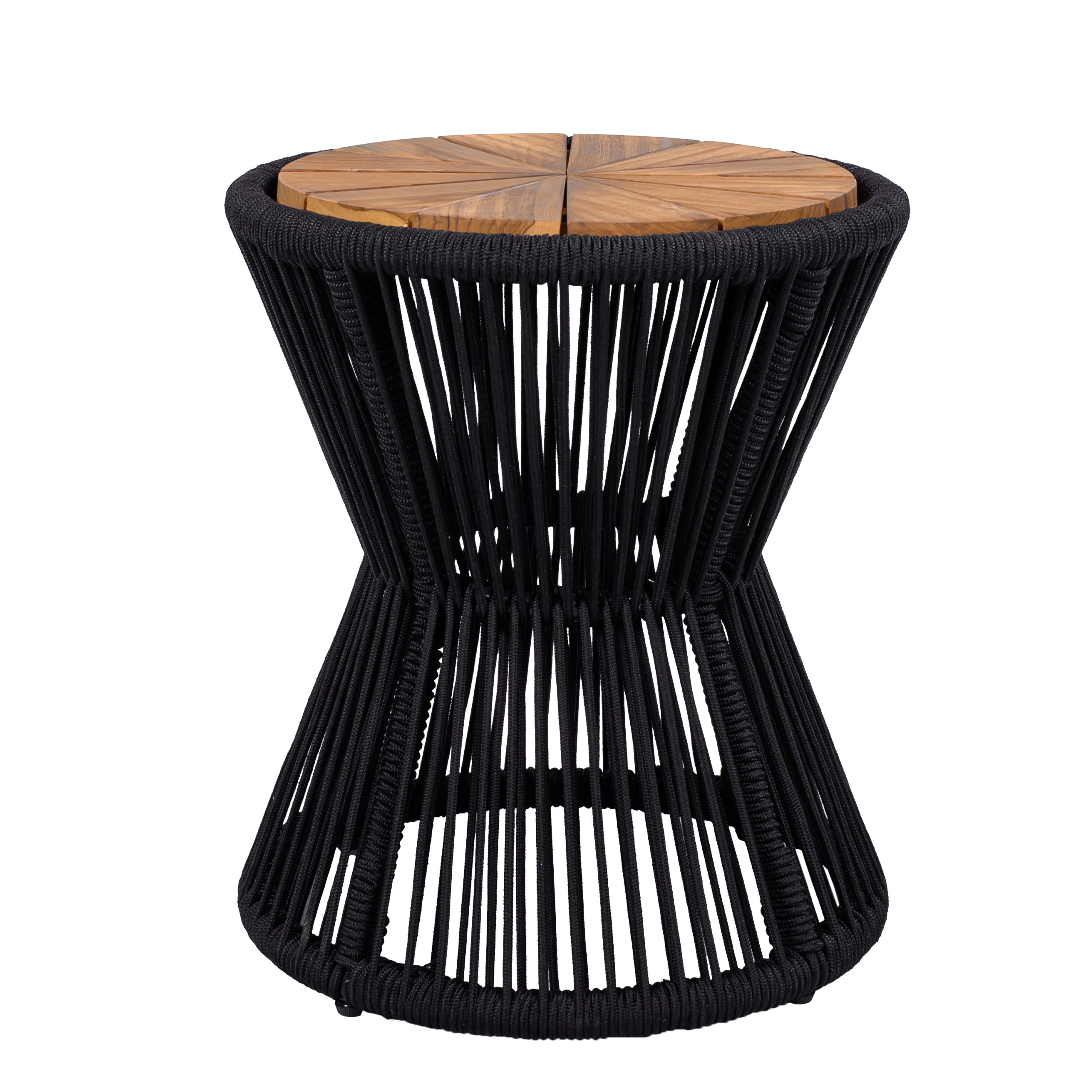 Outdoor Side Table, Black Rope & Acacia Wood, 18.90" Height, 16.14" Diameter, Elegant Hourglass Design, Weather Resistant, for Patio, Deck, Garden, Balcony, Modern Minimalist Style - Image 5