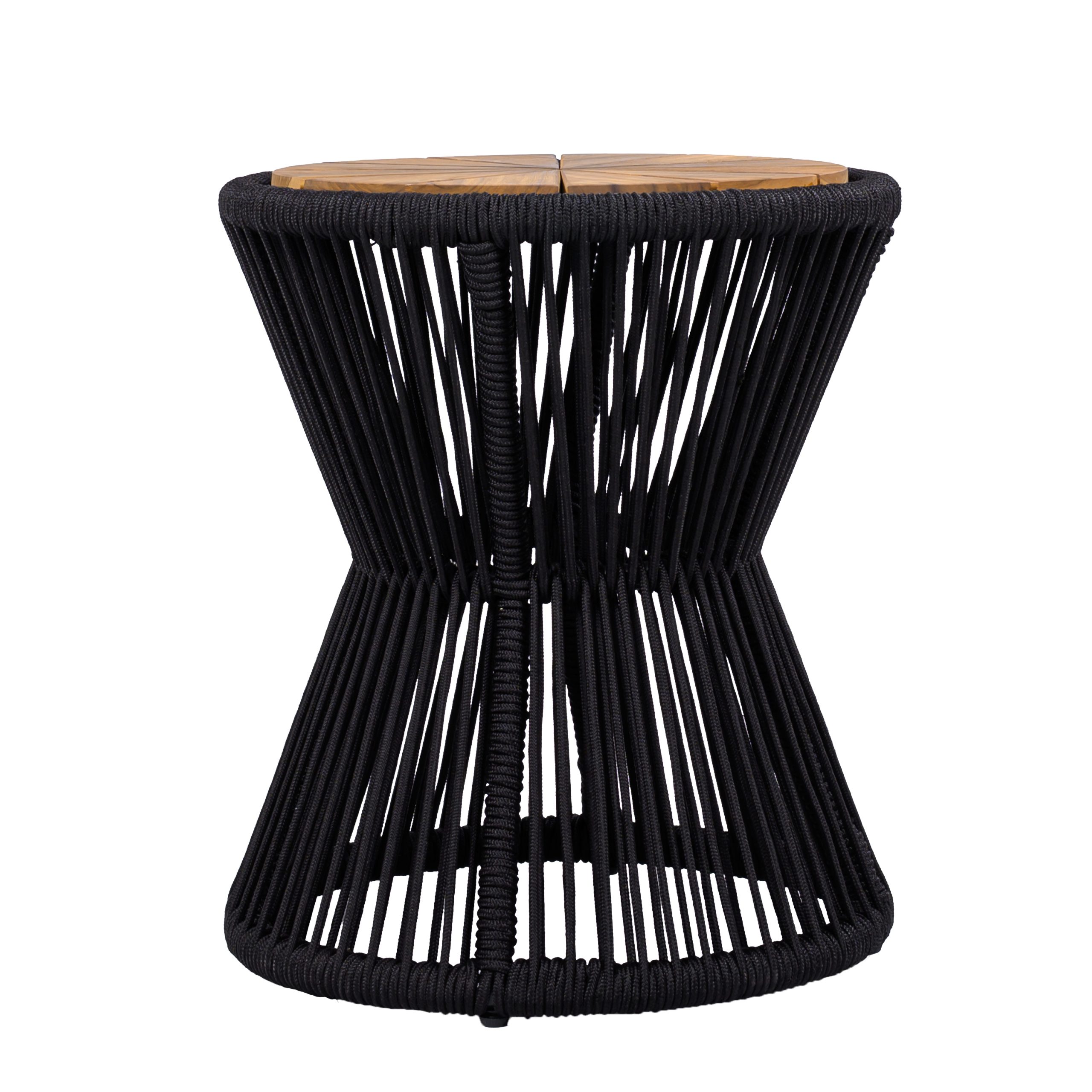 Outdoor Side Table, Black Rope & Acacia Wood, 18.90" Height, 16.14" Diameter, Elegant Hourglass Design, Weather Resistant, for Patio, Deck, Garden, Balcony, Modern Minimalist Style - Image 6