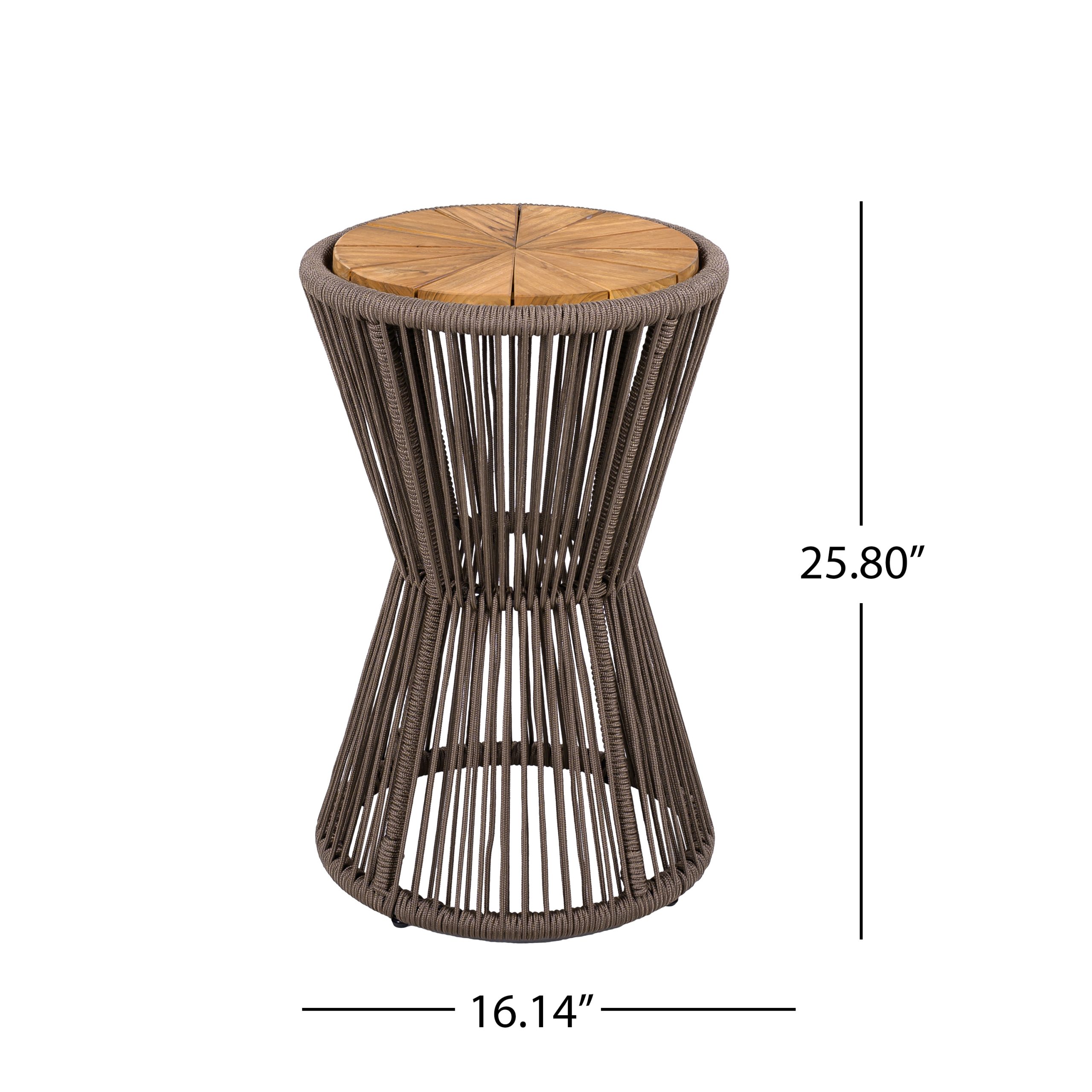 Outdoor Side Table, Dark Grey Rope and Acacia Wood, 25.80" Height, 16.14" Diameter, Elegant Long Hourglass Design, Weather Resistant, for Patio, Deck, Garden, Balcony, Modern Minimalist Style - Image 2