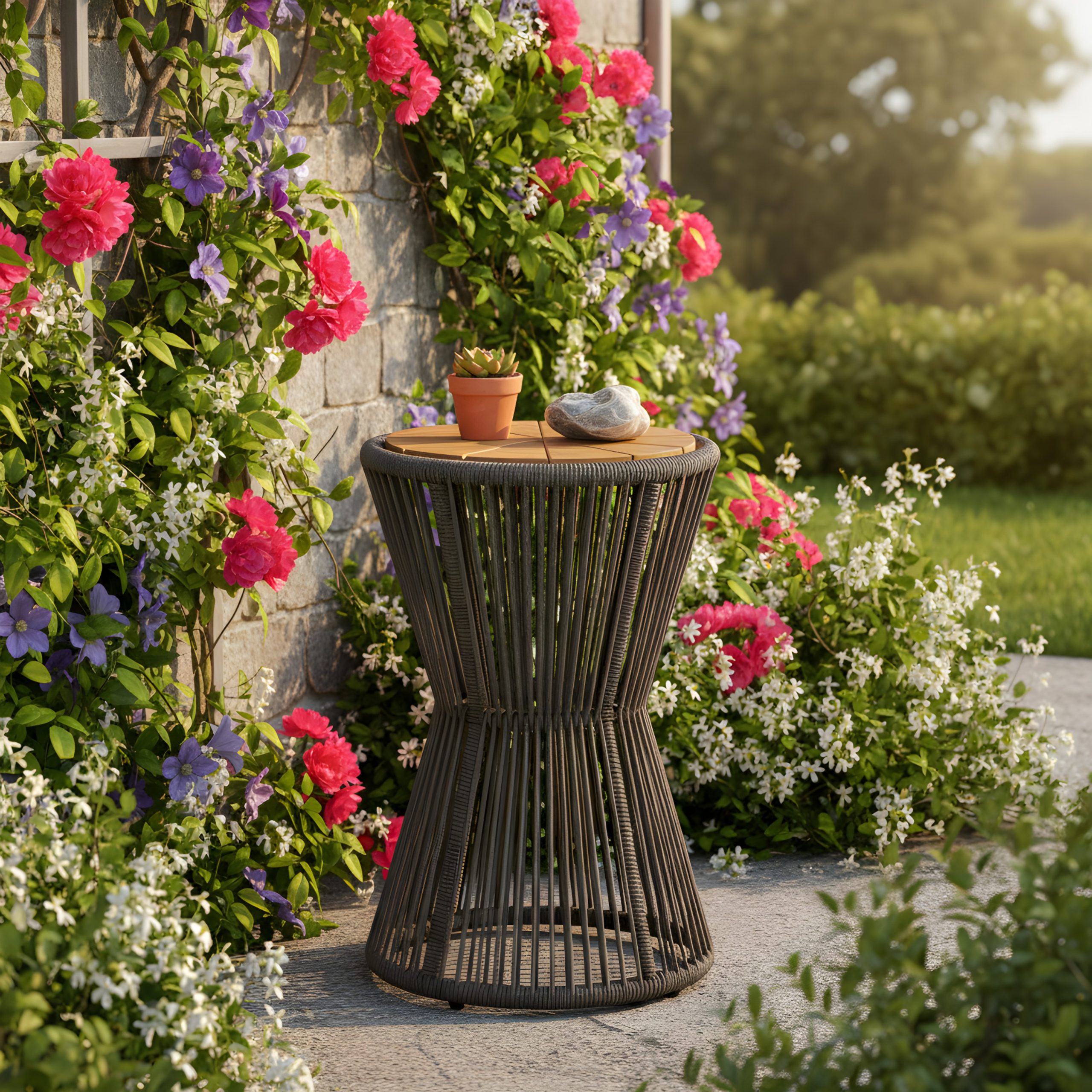 Outdoor Side Table, Dark Grey Rope and Acacia Wood, 25.80" Height, 16.14" Diameter, Elegant Long Hourglass Design, Weather Resistant, for Patio, Deck, Garden, Balcony, Modern Minimalist Style - Image 3