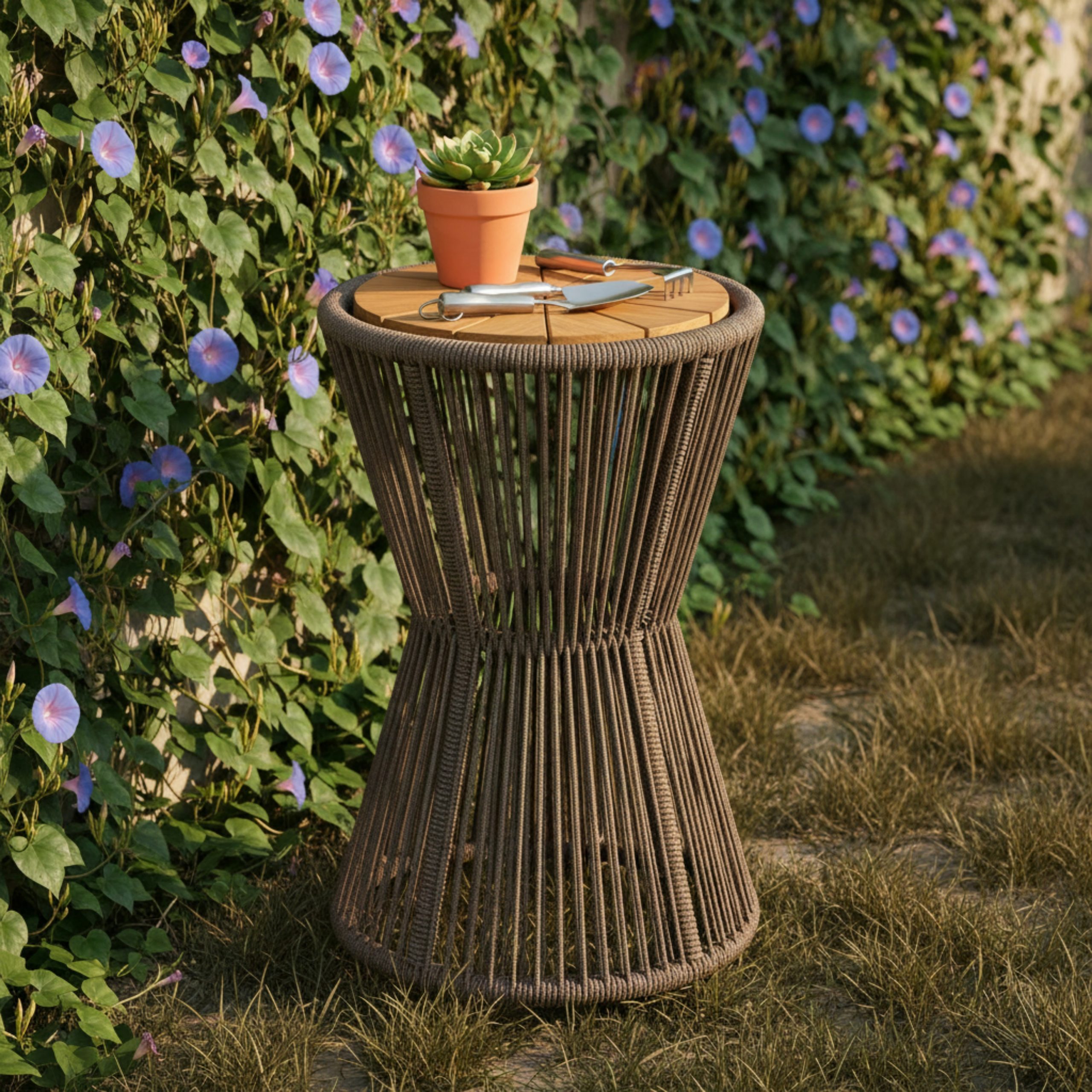 Outdoor Side Table, Dark Grey Rope and Acacia Wood, 25.80" Height, 16.14" Diameter, Elegant Long Hourglass Design, Weather Resistant, for Patio, Deck, Garden, Balcony, Modern Minimalist Style - Image 4
