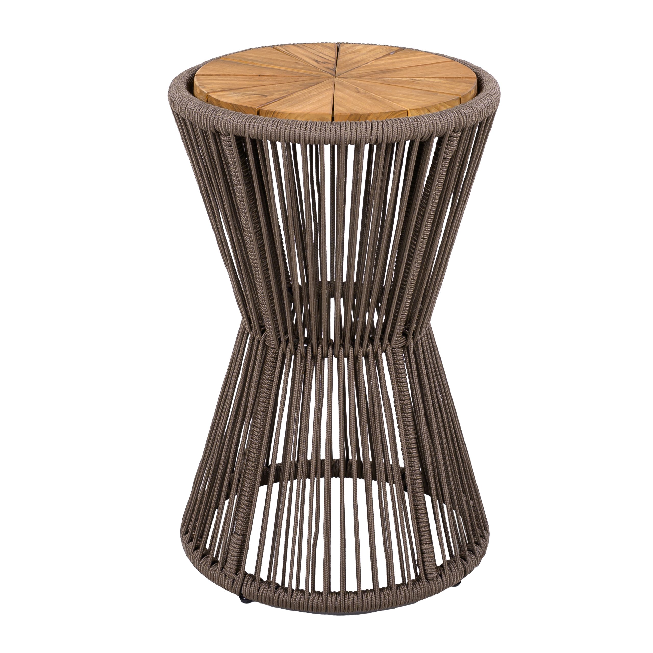 Outdoor Side Table, Dark Grey Rope and Acacia Wood, 25.80" Height, 16.14" Diameter, Elegant Long Hourglass Design, Weather Resistant, for Patio, Deck, Garden, Balcony, Modern Minimalist Style - Image 5