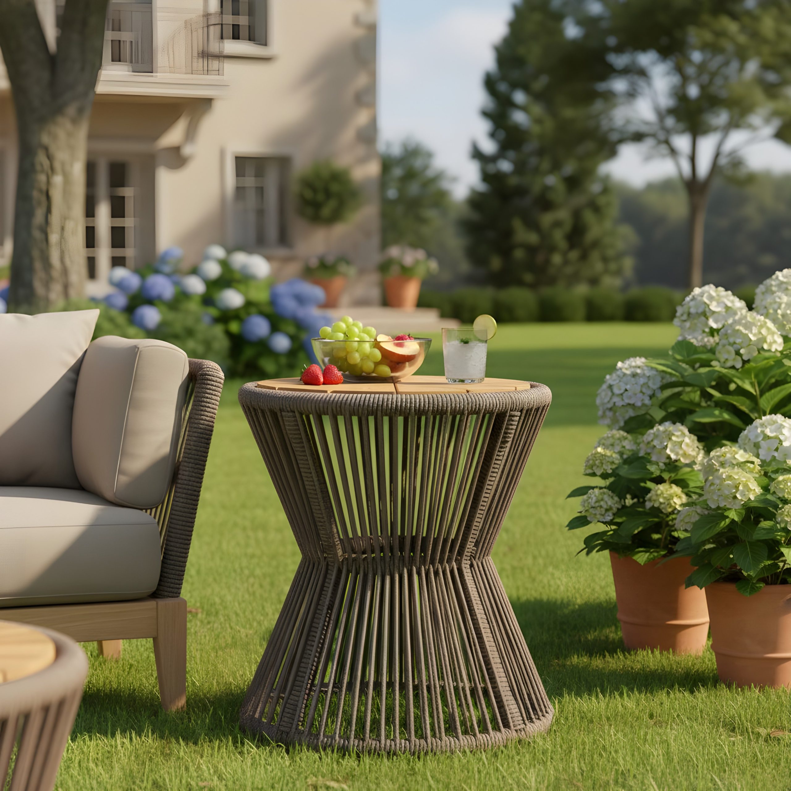 Outdoor Side Table, Dark Grey Rope & Acacia Wood, 18.90" Height, 16.14" Diameter, Elegant Hourglass Design, Weather Resistant, for Patio, Deck, Garden, Balcony, Modern Minimalist Style - Image 3