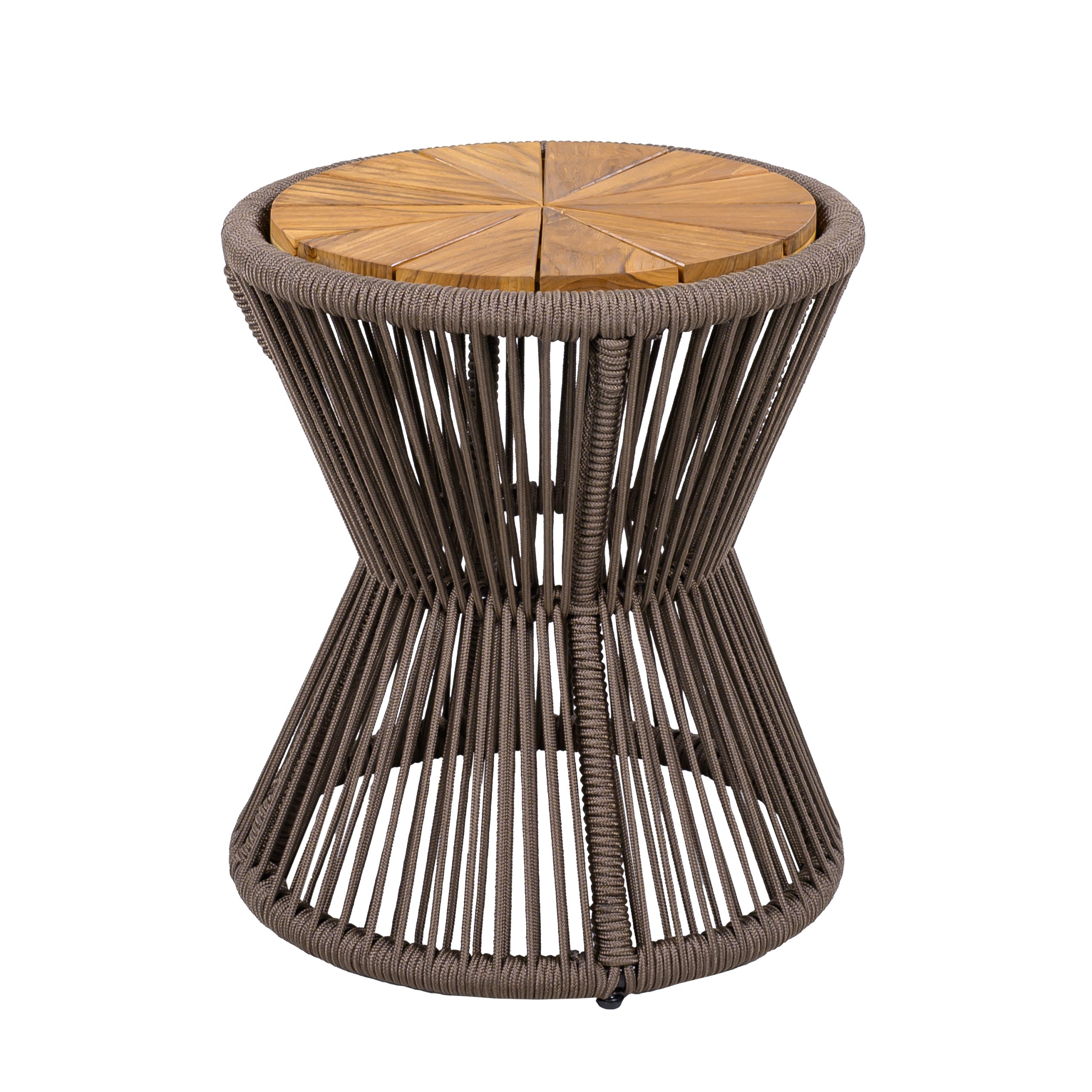 Outdoor Side Table, Dark Grey Rope & Acacia Wood, 18.90" Height, 16.14" Diameter, Elegant Hourglass Design, Weather Resistant, for Patio, Deck, Garden, Balcony, Modern Minimalist Style - Image 4