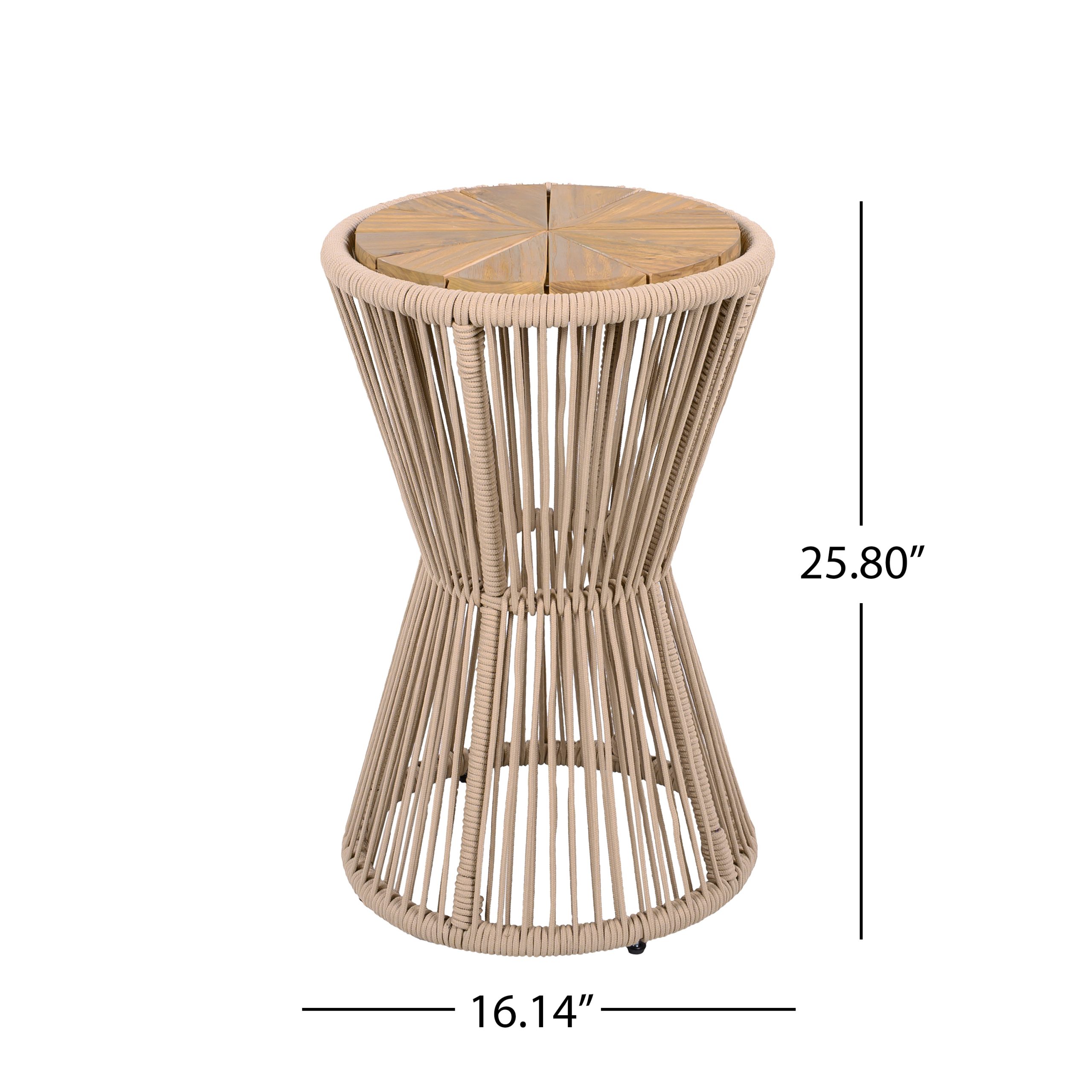 Outdoor Side Table, Beige Rope and Light Teak Finish, 25.80" Height, 16.14" Diameter, Elegant Long Hourglass Design, Weather Resistant, for Patio, Deck, Garden, Balcony, Modern Minimalist Style - Image 2