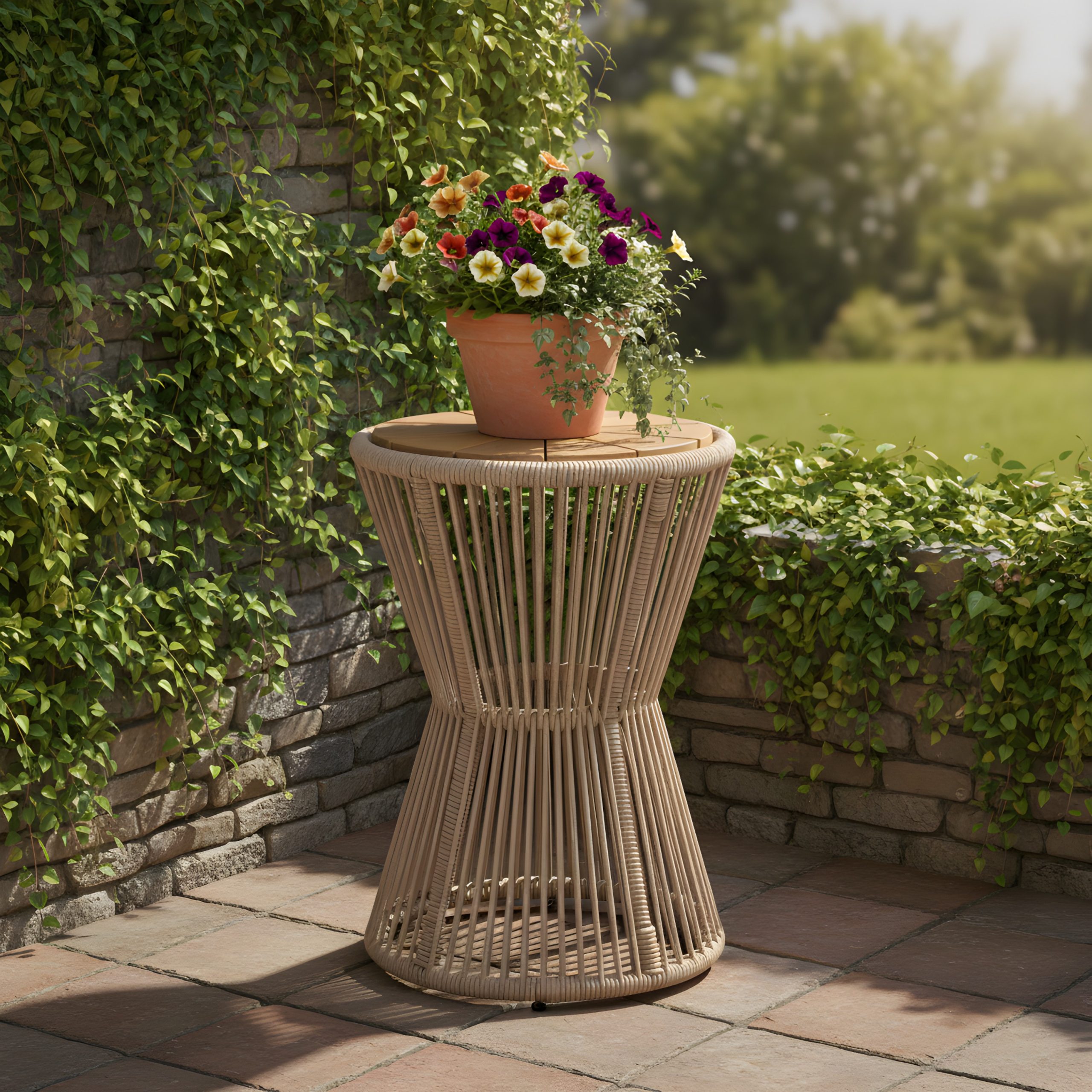 Outdoor Side Table, Beige Rope and Light Teak Finish, 25.80" Height, 16.14" Diameter, Elegant Long Hourglass Design, Weather Resistant, for Patio, Deck, Garden, Balcony, Modern Minimalist Style - Image 3